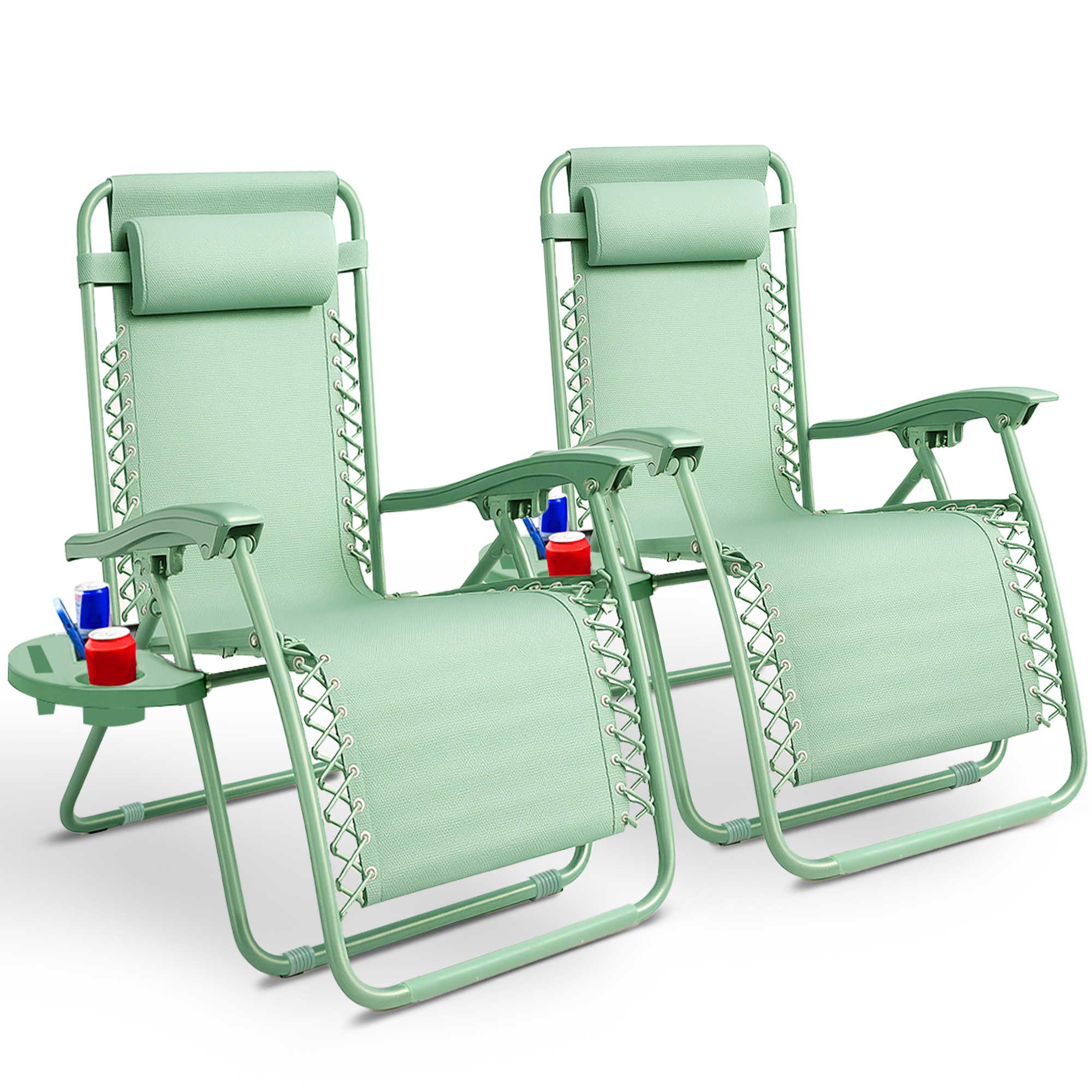 KEPLIN Set of 2 Heavy Duty Monocolor and Basic Textoline Zero Gravity Chairs for Garden Light Reclining Patio Sun loungers Easy to Clean Adjustable Head Rest Foldable with Cup & Phone Holder