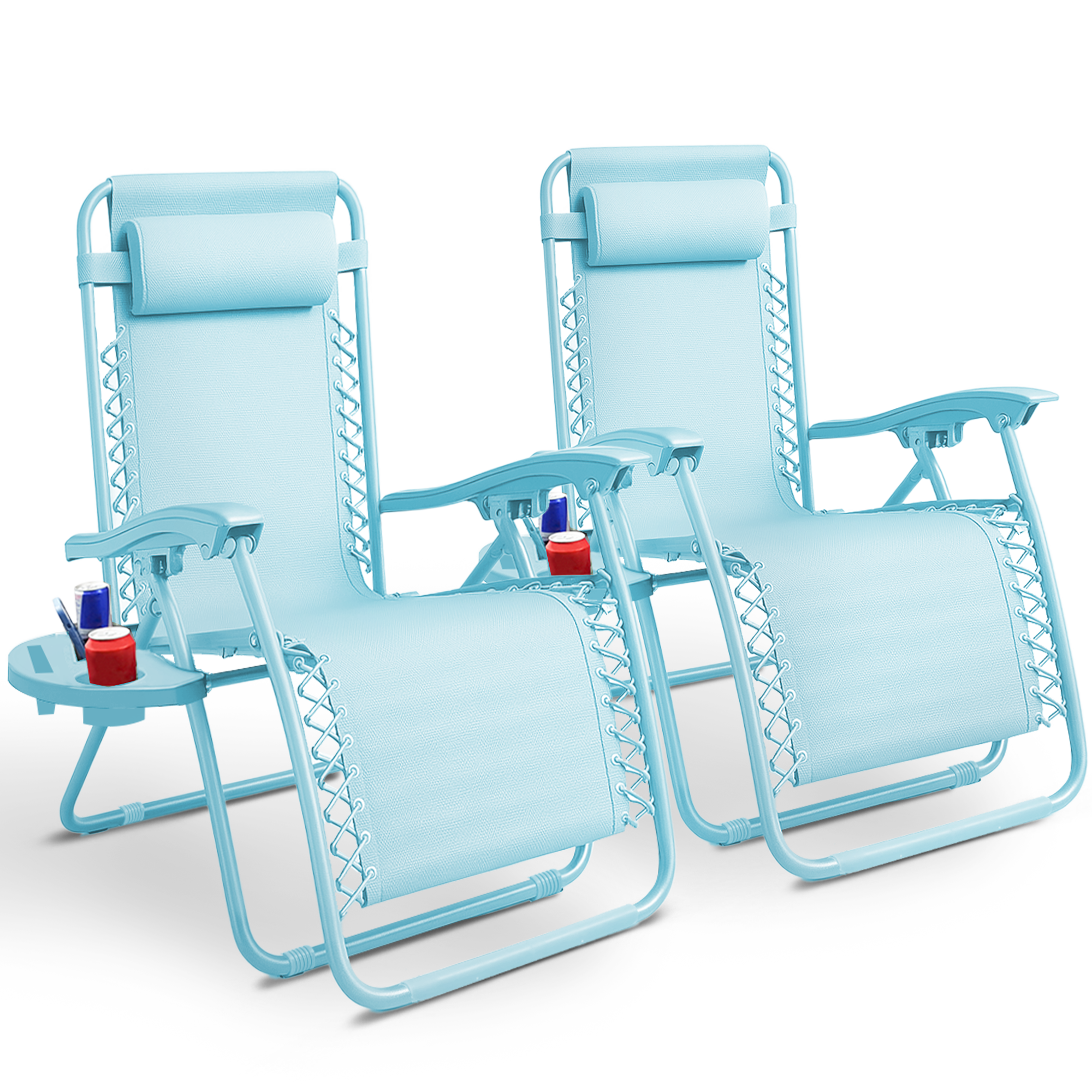 KEPLIN Set of 2 Heavy Duty Monocolor and Basic Textoline Zero Gravity Chairs for Garden Light Reclining Patio Sun loungers Easy to Clean Adjustable Head Rest Foldable with Cup & Phone Holder