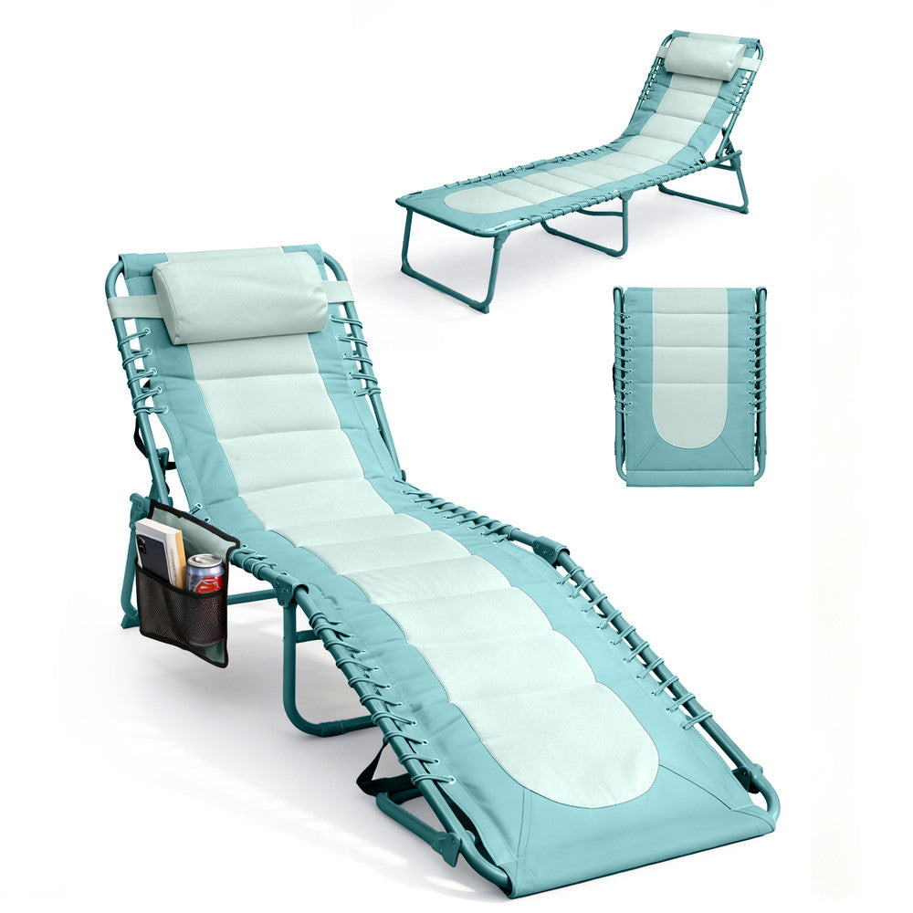 KEPLIN Foldable Sun Lounger Chair - Outdoor Garden Recliner with Color Block Design, 4 Position Adjustable Backrest, Padded 600D Oxford Fabric, Portable Patio Camping Deck Chair 110kg