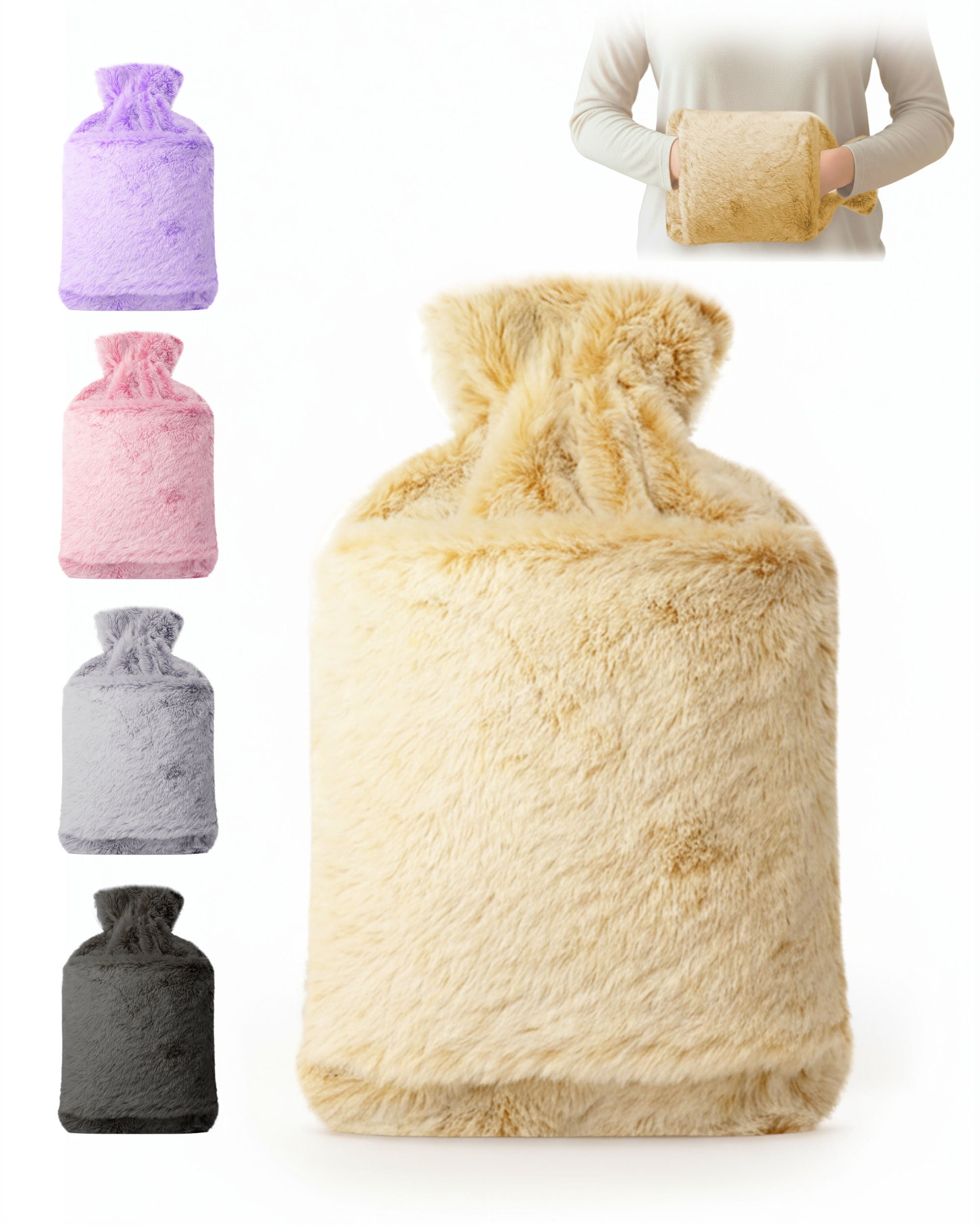 Luxury Hot Water Bottle - Extra Soft Cover, Thermal Rubber Bottle Covered with Premium Faux Fur
