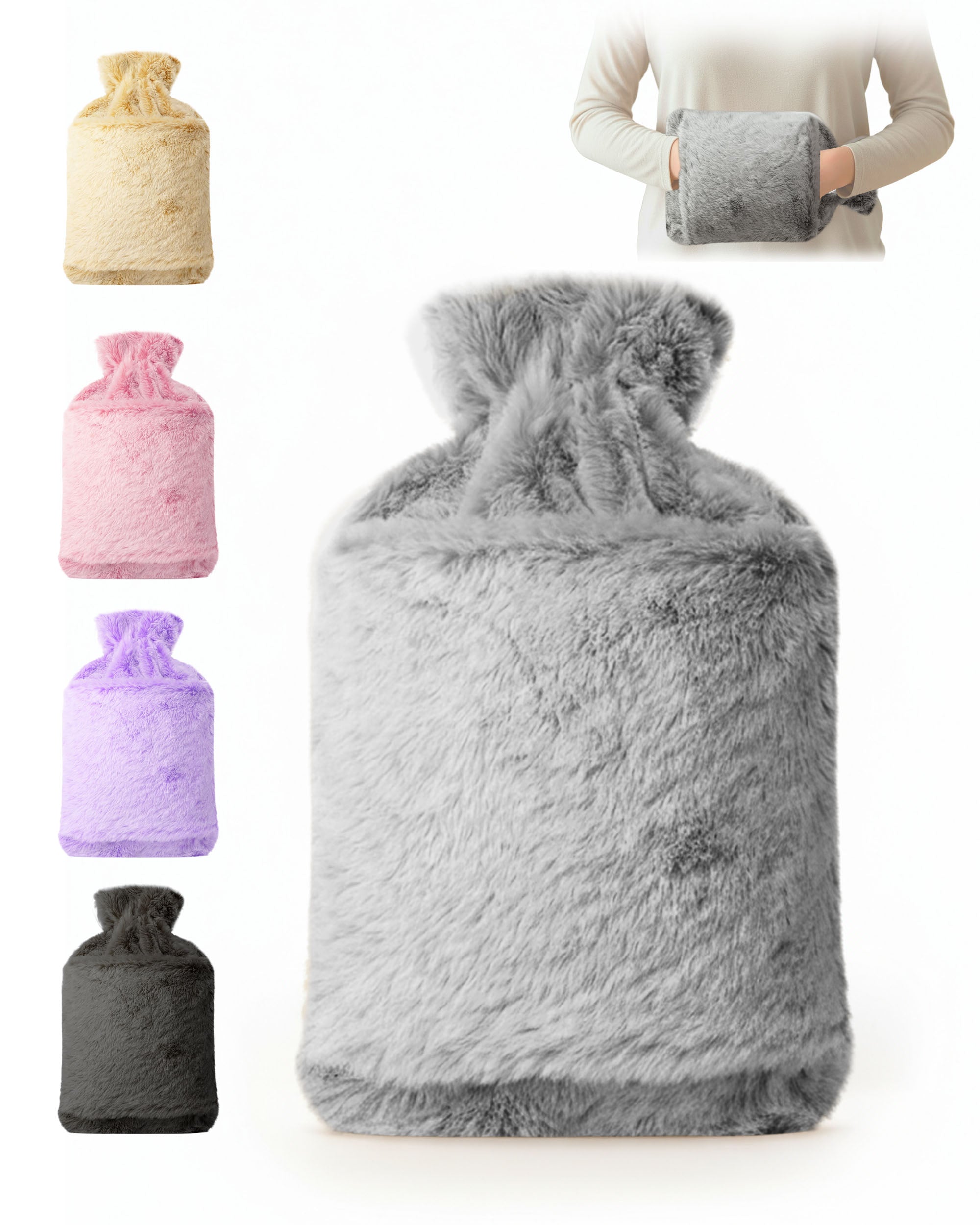 Luxury Hot Water Bottle - Extra Soft Cover, Thermal Rubber Bottle Covered with Premium Faux Fur