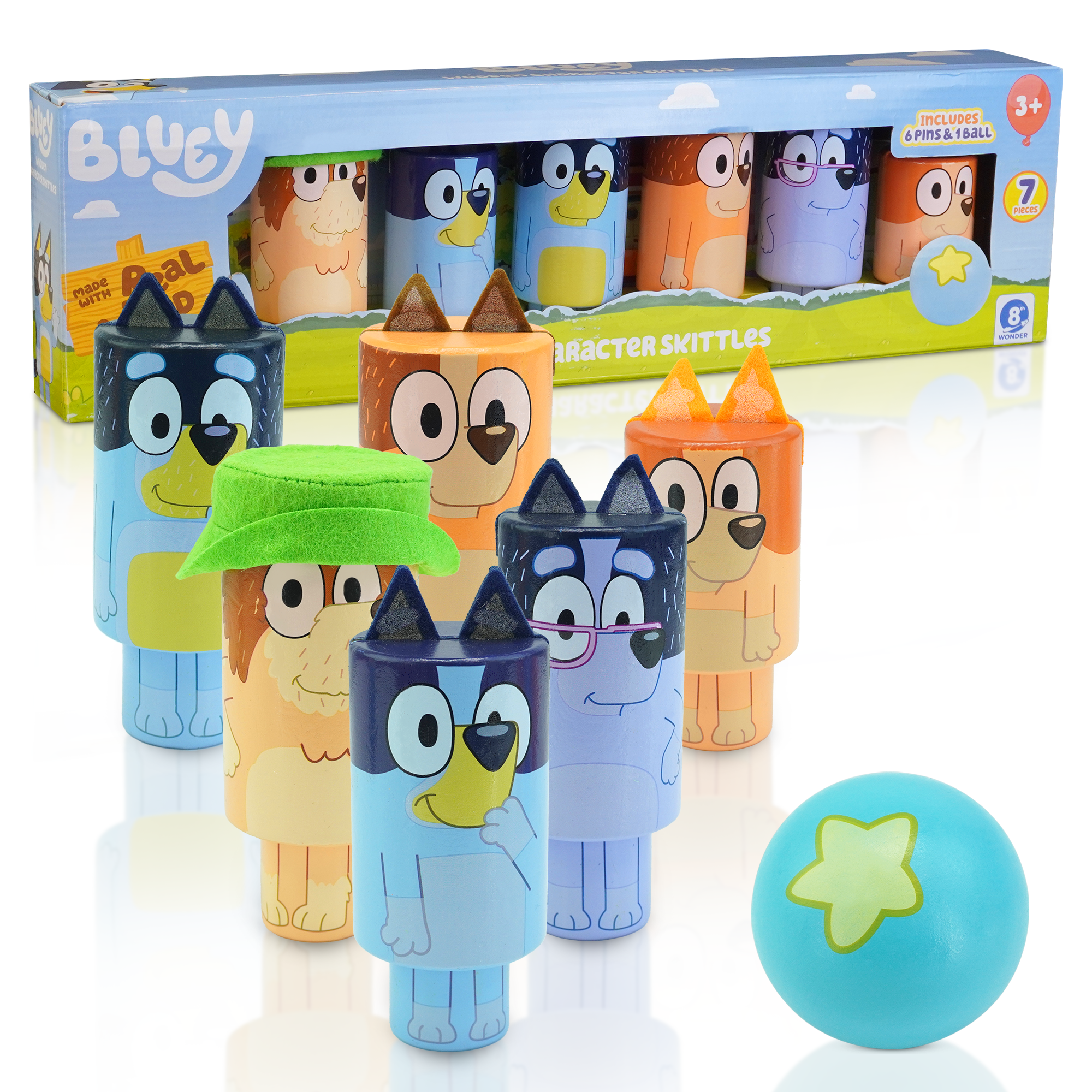 Bluey - Wooden Character Skittles Set - Indoor & Outdoor Bowling Game for Kids - 6 Character Pins & 1 Ball - Develops Motor Skills & Hand-Eye Coordination - FSC Certified, Ages 3+