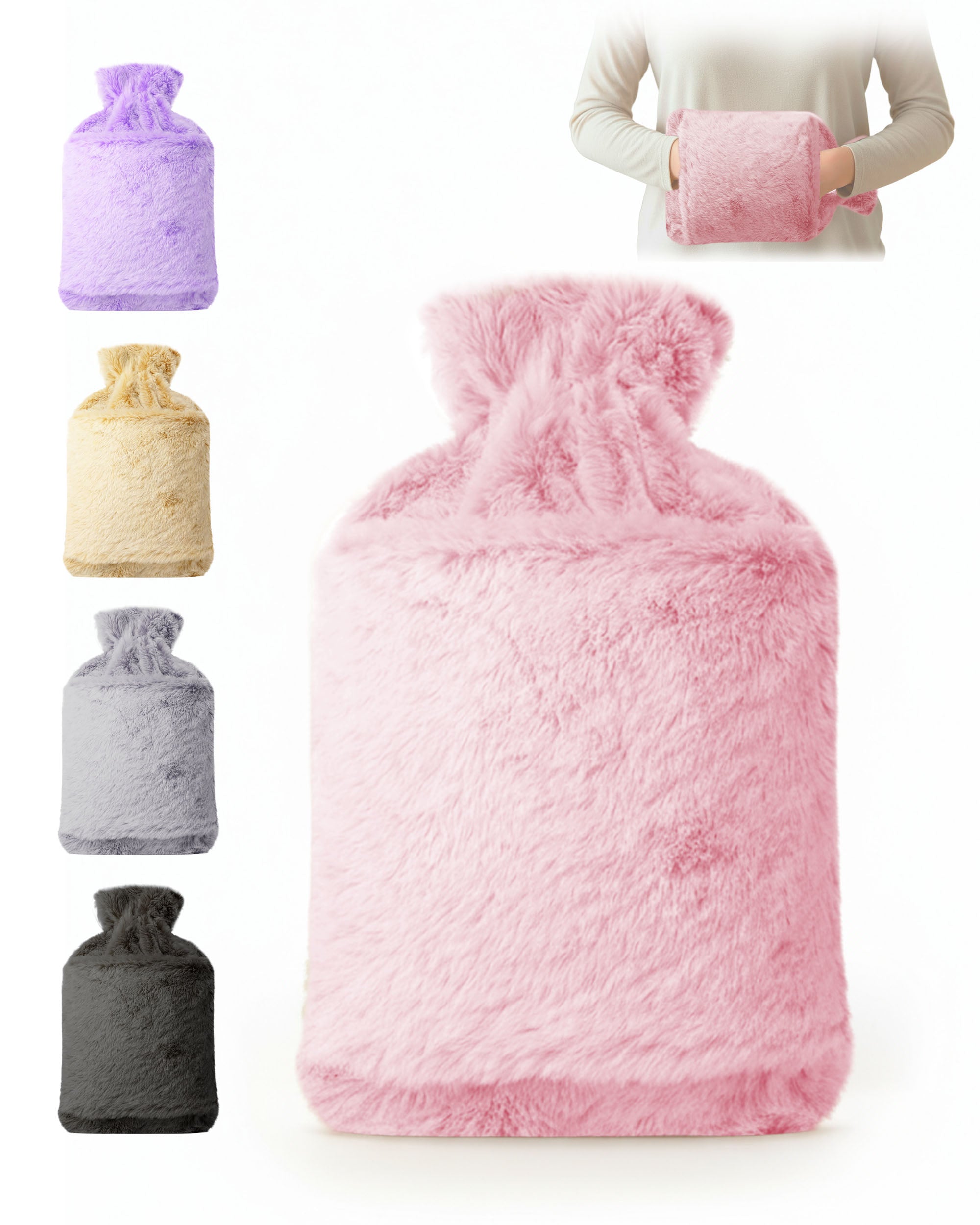 Luxury Hot Water Bottle - Extra Soft Cover, Thermal Rubber Bottle Covered with Premium Faux Fur