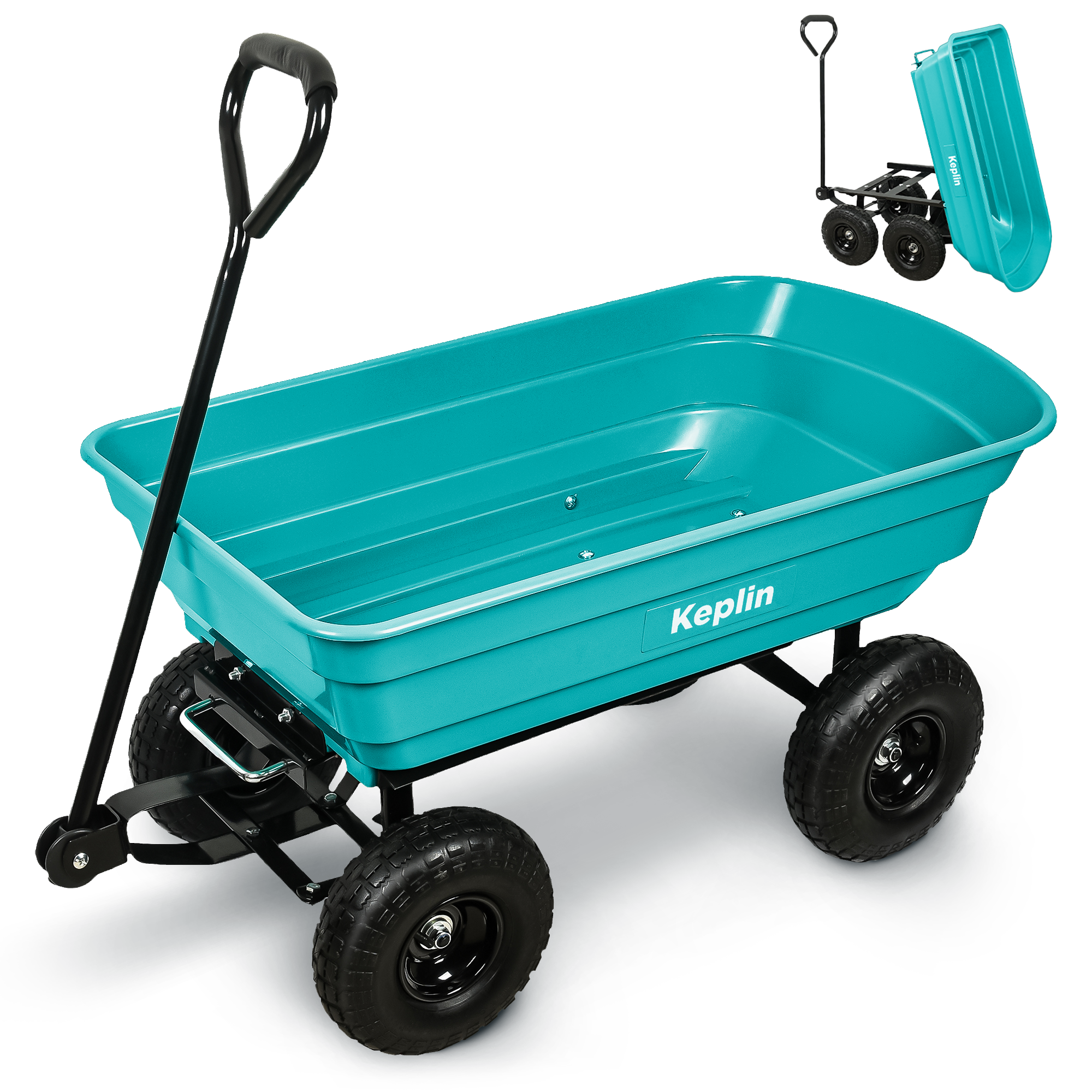 Keplin Plastic Wheelbarrow Cart(75L - 250kg Load), Heavy Duty Wheel Barrow with Tipping Mechanism, Tow Hitch & Pull Handle, Durable Steel Frame, 10” Pneumatic Wheels for Easy Transport on All Terrain