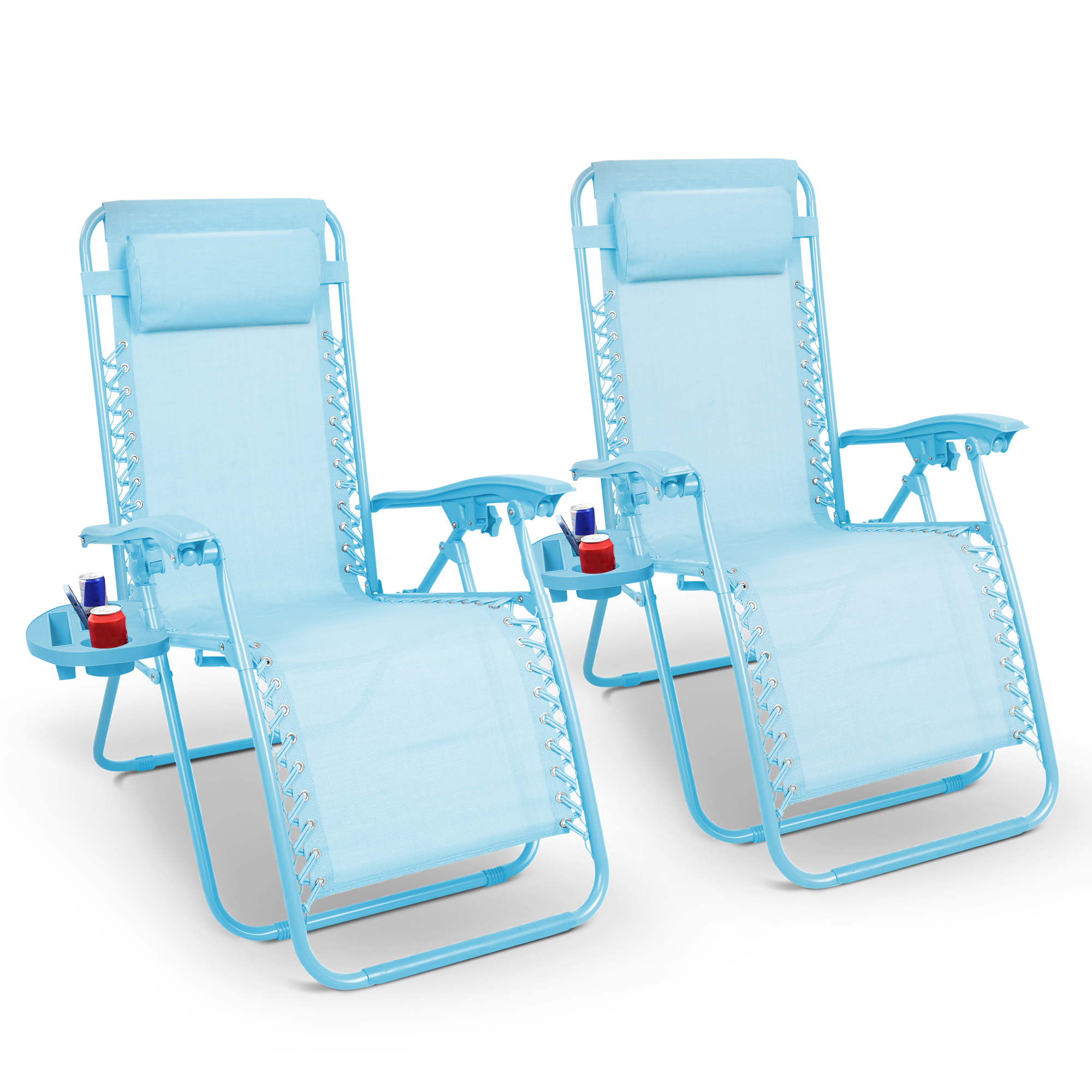 KEPLIN Set of 2 Heavy Duty Monocolor and Basic Textoline Zero Gravity Chairs for Garden Light Reclining Patio Sun loungers Easy to Clean Adjustable Head Rest Foldable with Cup & Phone Holder