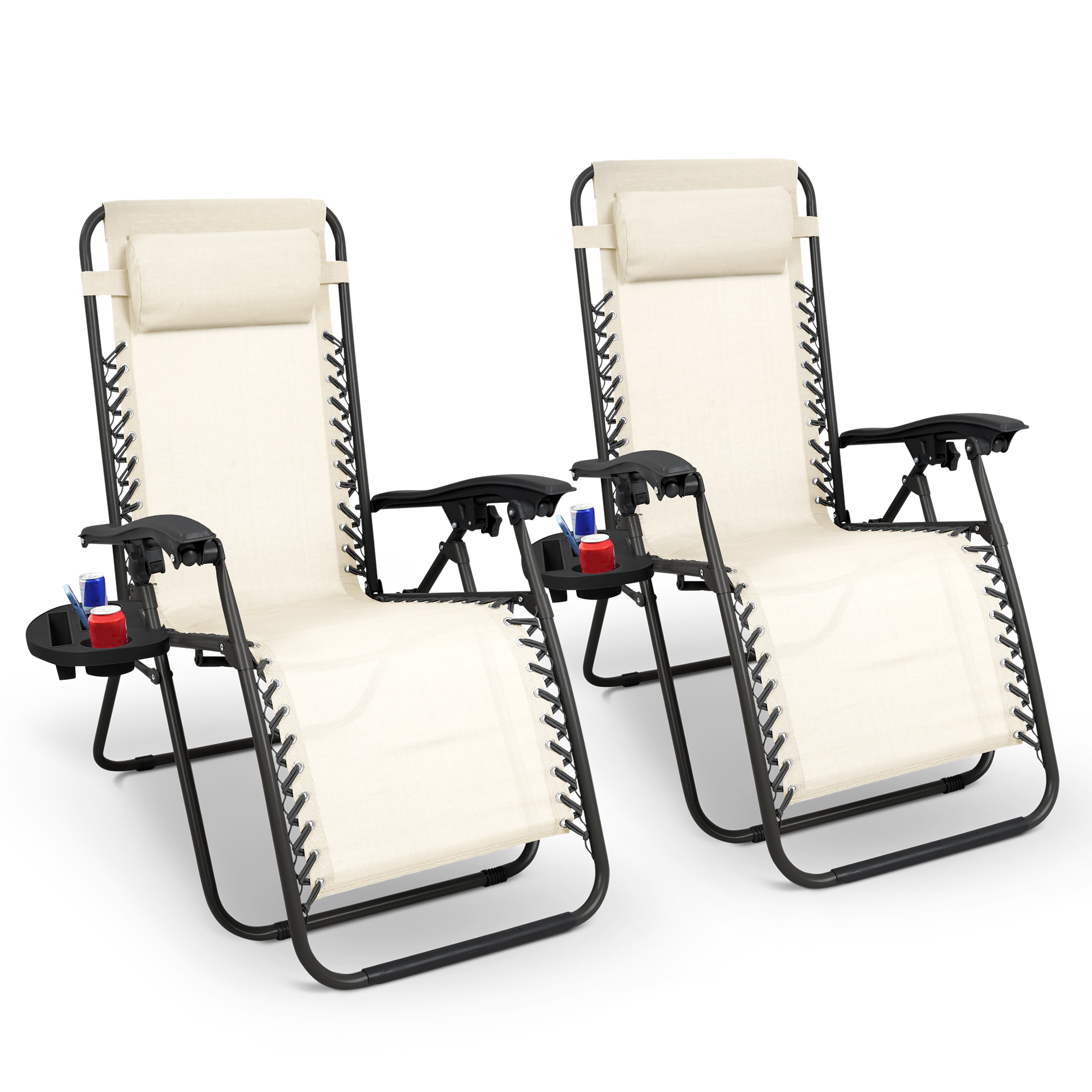KEPLIN Set of 2 Heavy Duty Monocolor and Basic Textoline Zero Gravity Chairs for Garden Light Reclining Patio Sun loungers Easy to Clean Adjustable Head Rest Foldable with Cup & Phone Holder
