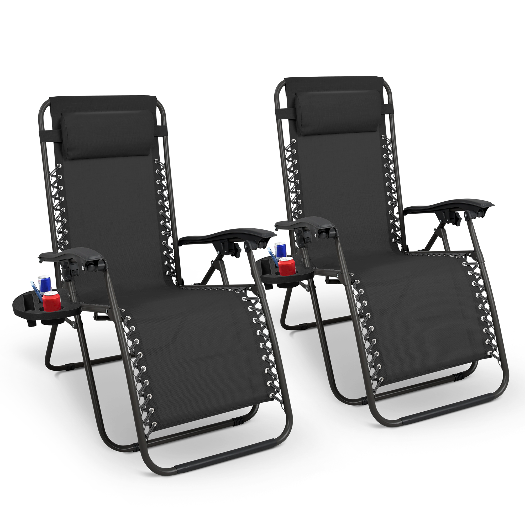 KEPLIN Set of 2 Heavy Duty Monocolor and Basic Textoline Zero Gravity Chairs for Garden Light Reclining Patio Sun loungers Easy to Clean Adjustable Head Rest Foldable with Cup & Phone Holder