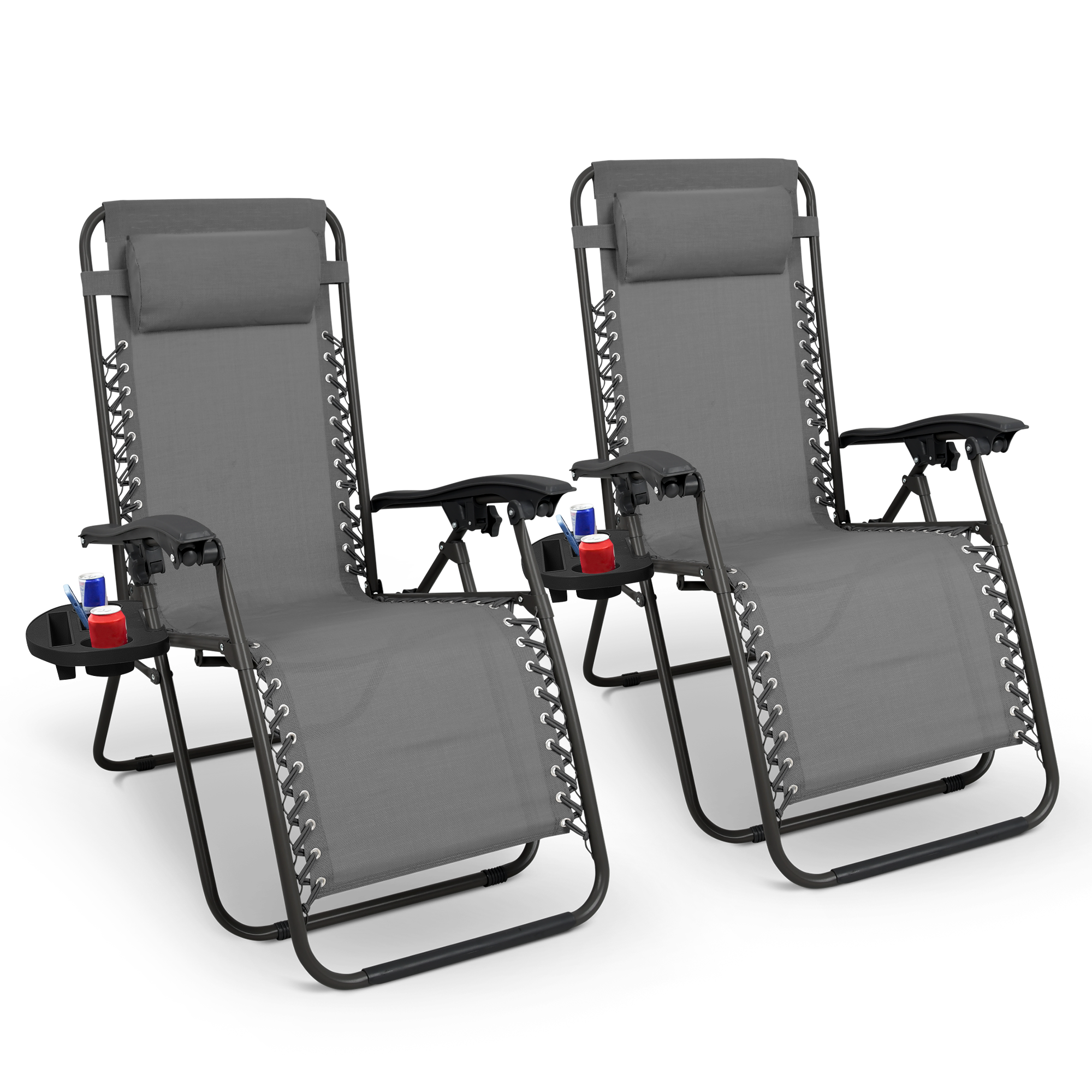 KEPLIN Set of 2 Heavy Duty Monocolor and Basic Textoline Zero Gravity Chairs for Garden Light Reclining Patio Sun loungers Easy to Clean Adjustable Head Rest Foldable with Cup & Phone Holder