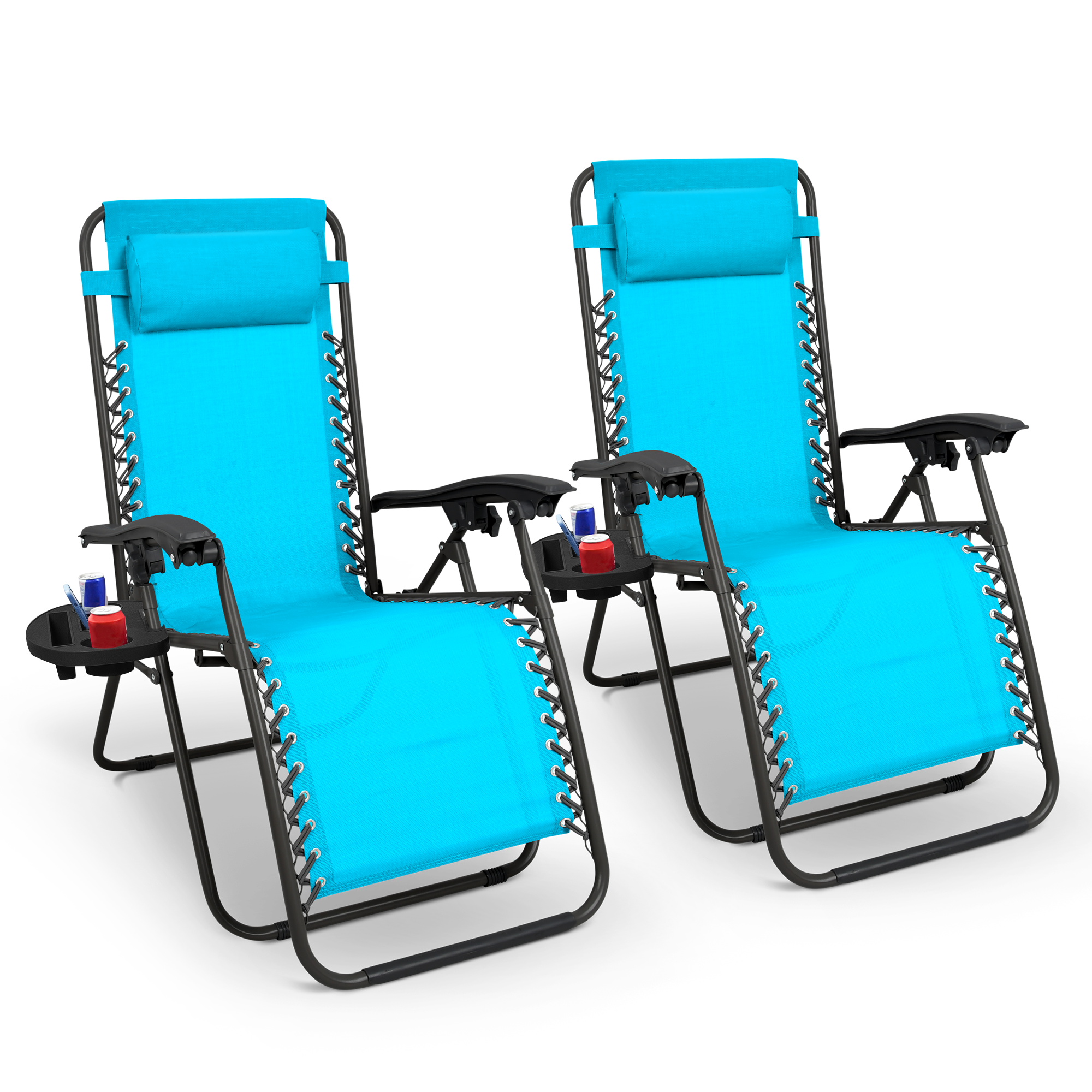 KEPLIN Set of 2 Heavy Duty Monocolor and Basic Textoline Zero Gravity Chairs for Garden Light Reclining Patio Sun loungers Easy to Clean Adjustable Head Rest Foldable with Cup & Phone Holder