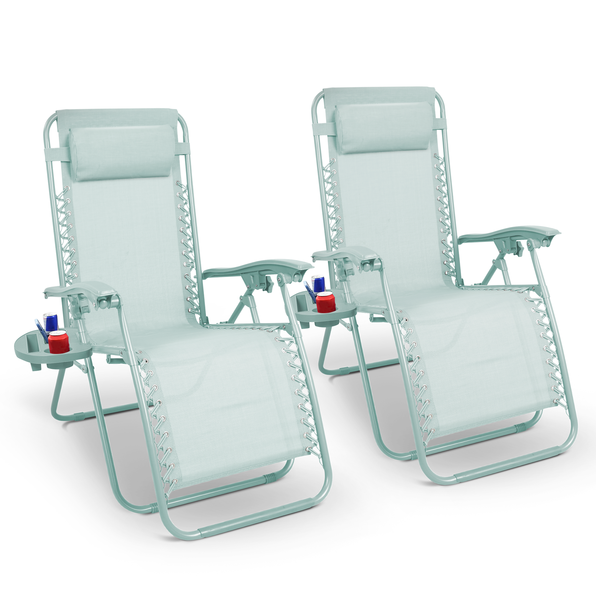 KEPLIN Set of 2 Heavy Duty Monocolor and Basic Textoline Zero Gravity Chairs for Garden Light Reclining Patio Sun loungers Easy to Clean Adjustable Head Rest Foldable with Cup & Phone Holder