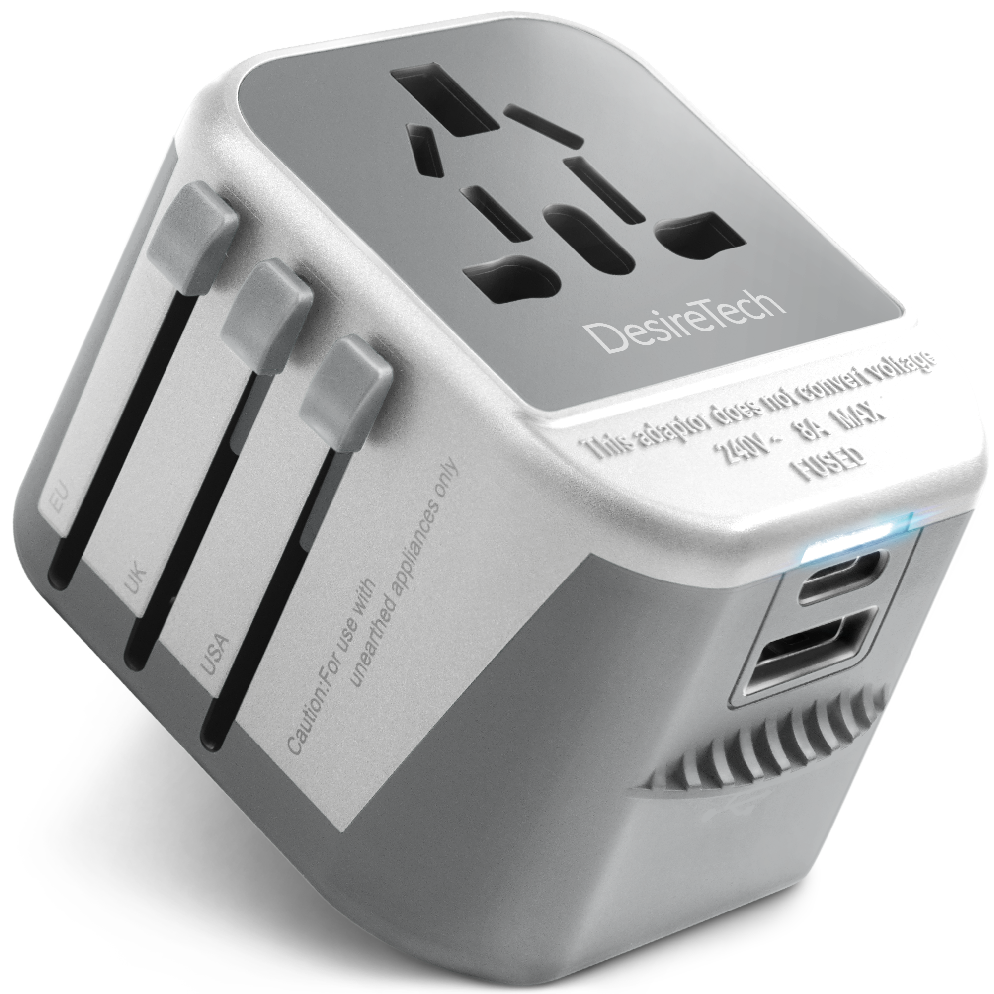 Desiretech Travel Adaptor 4-in-1 Universal Plug Adapter with USB-A, USB-C, Phone Docking - Compact UK to World Adaptor, Double Fuse Protection - Perfect for Europe, USA, Asia & Beyond