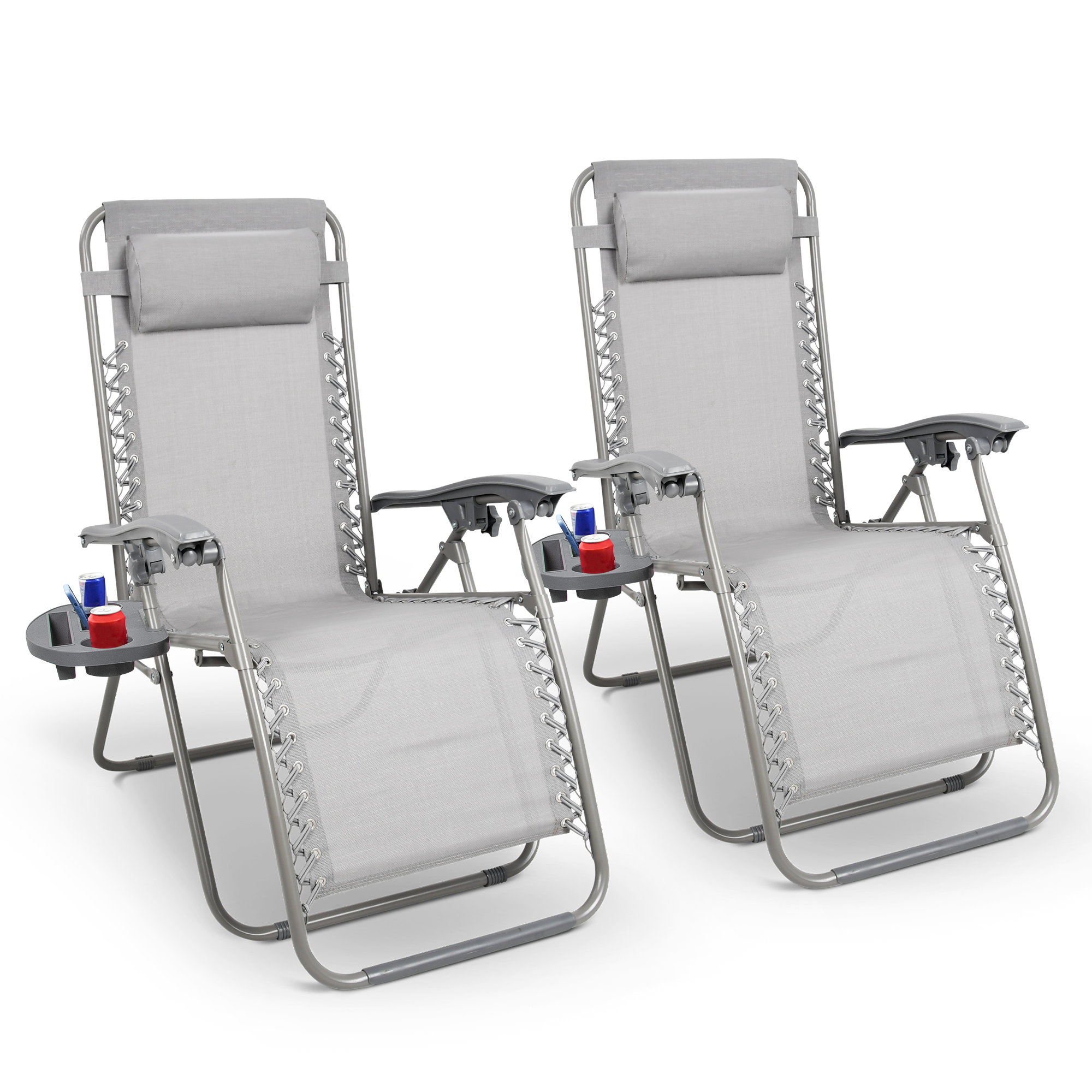 KEPLIN Set of 2 Heavy Duty Monocolor and Basic Textoline Zero Gravity Chairs for Garden Light Reclining Patio Sun loungers Easy to Clean Adjustable Head Rest Foldable with Cup & Phone Holder