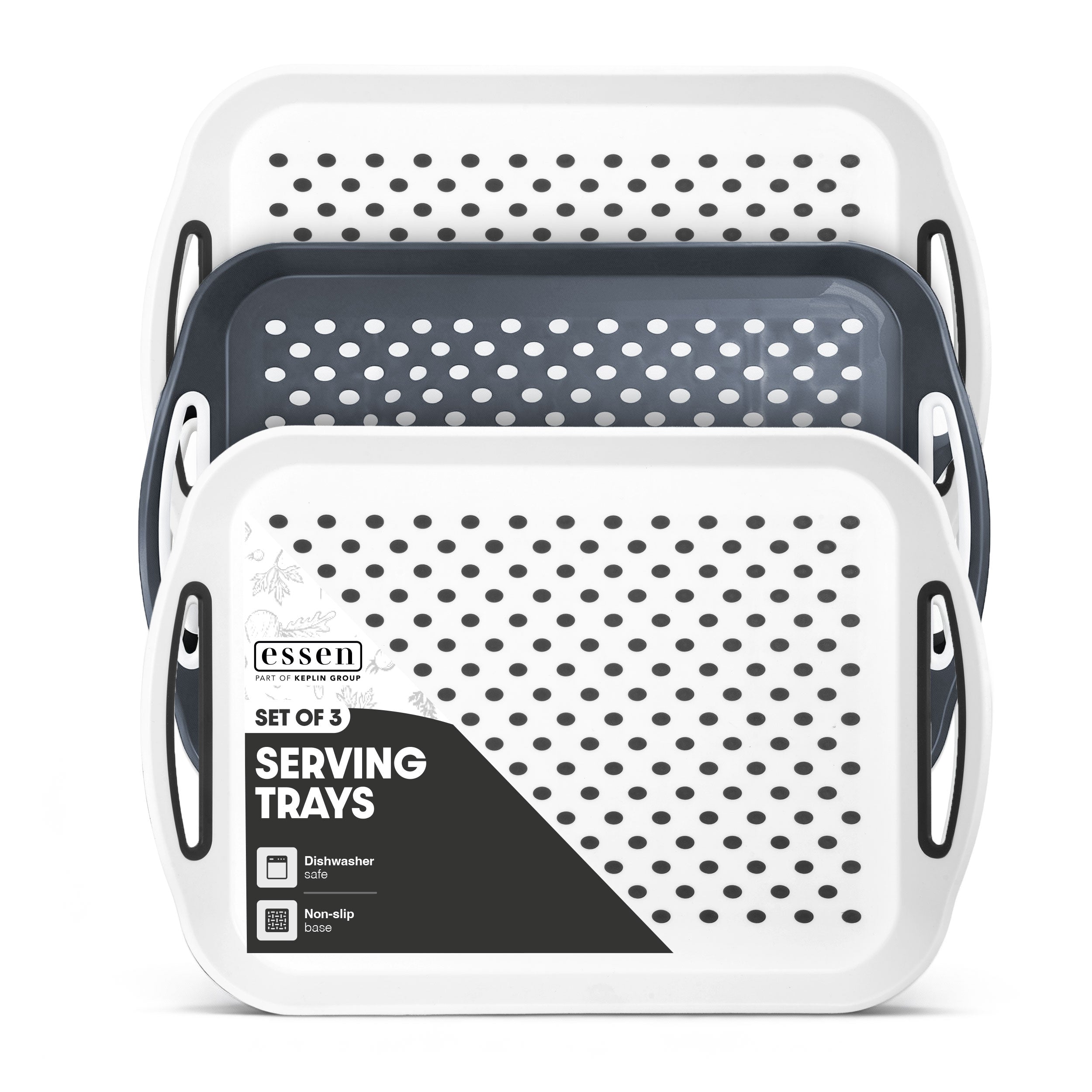 Essen 3-Pack Serving Tray Set – Non-Slip Lap Boards with Grip Handles, Ideal for Food Prep, Tea, Breakfast in Bed – Plastic Tray for Stable Dining – Dishwasher Safe