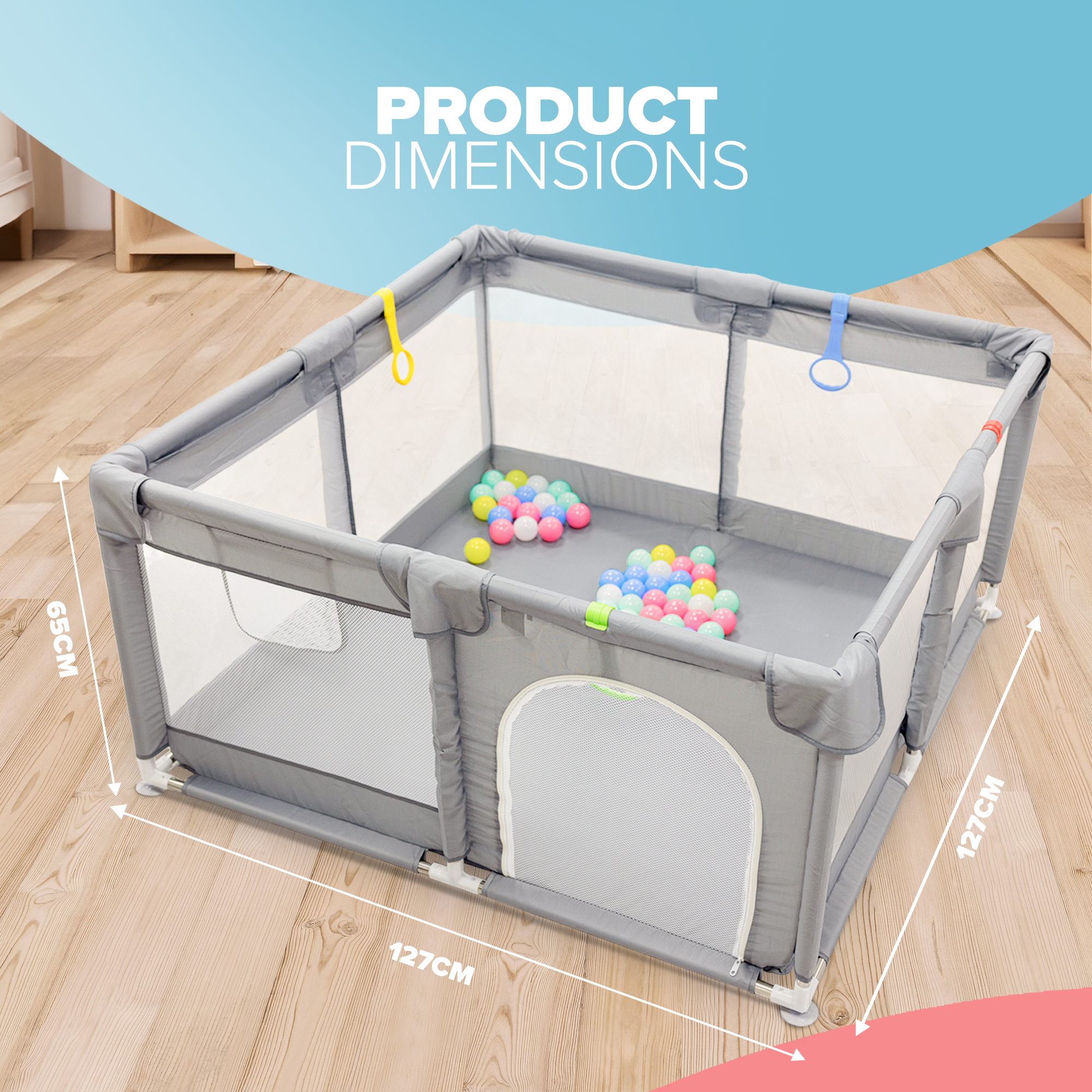 KIDOOLA Large Baby Playpen with Padded Frame & Mesh Walls – Includes Balls & Pull Rings for Indoor & Outdoor Fun (127 x 127 x 65 cm)
