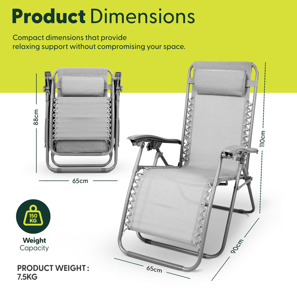 KEPLIN Set of 2 Heavy Duty Monocolour and Basic Textoline Zero Gravity Chairs for Garden Light Reclining Patio Sun loungers Easy to Clean Adjustable Head Rest Foldable with Cup & Phone Holder