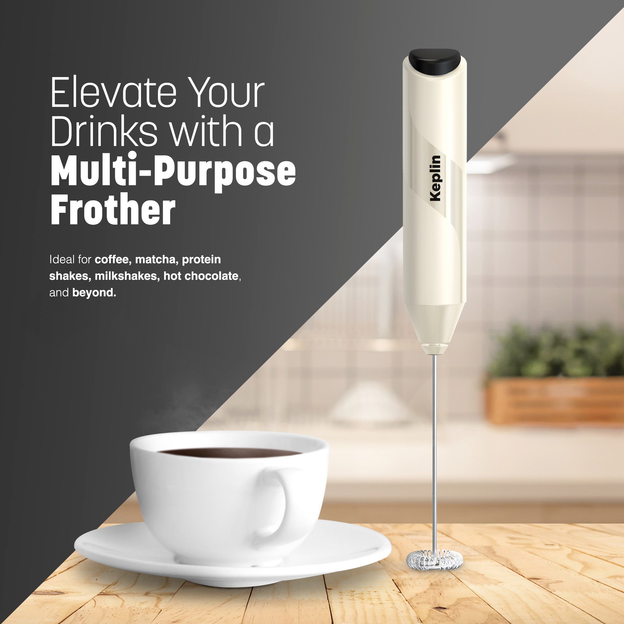 Keplin Milk Frother Handheld, Electric Milk Foam Maker with Stainless Steel Whisk, Hand Drink Mixer for Coffee, Battery Operated, Electric Stirrer Coffee Mixer Wand