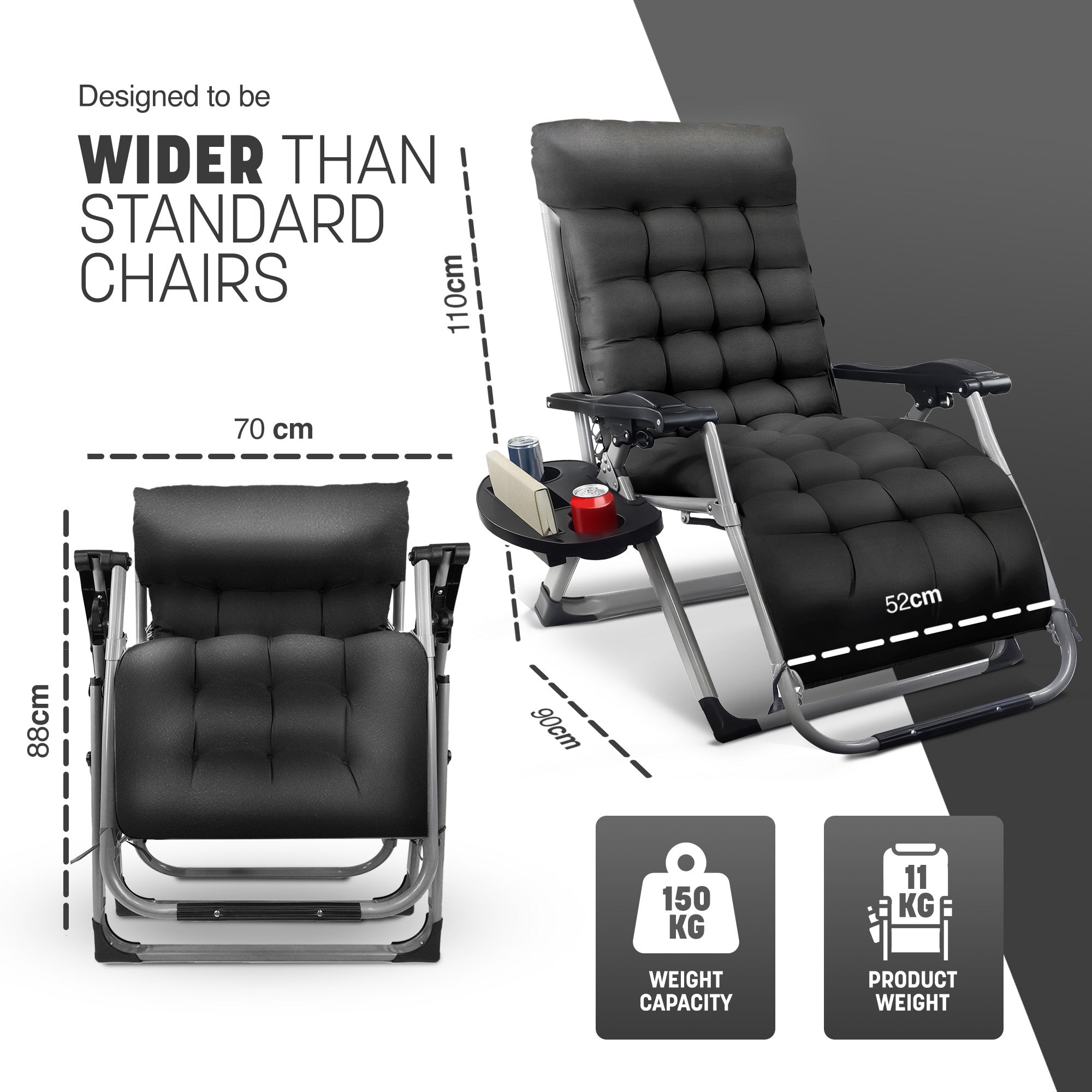 KEPLIN Square Tube Gravity Chair with Cushion – Extra-Wide 72cm Recliner, Adjustable Zero Gravity Lounger, Reinforced Frame, Supports 150kg, Premium Comfort for Indoor & Outdoor Relaxation