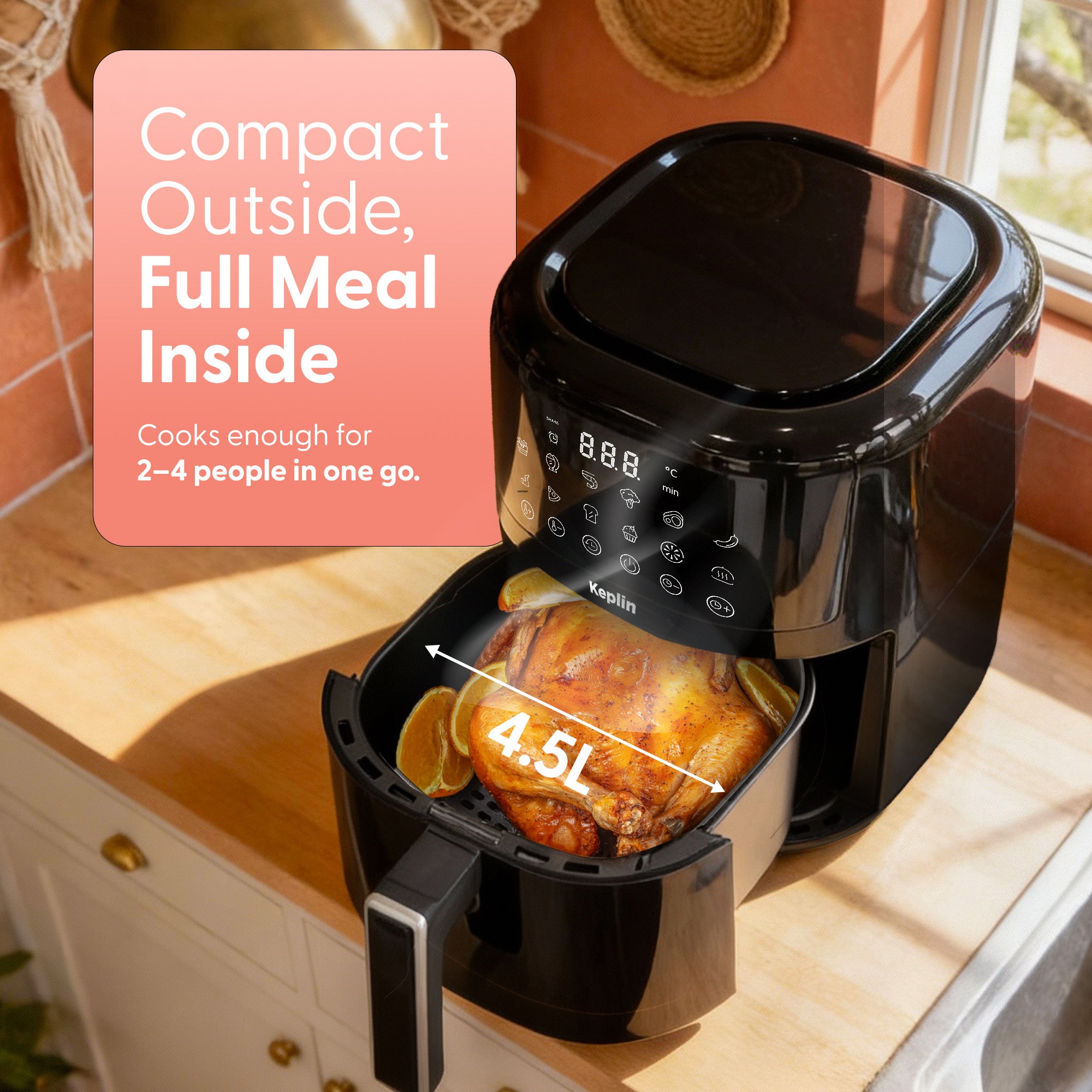 Keplin 4.5L Digital Air Fryer – 12 Smart Cooking Presets, Touchscreen Air Fryer for Healthy Low-Oil Cooking, Exclusive Heating Tech, Energy Saving, Easy-Clean Non-Stick Basket - 2 Year Warranty