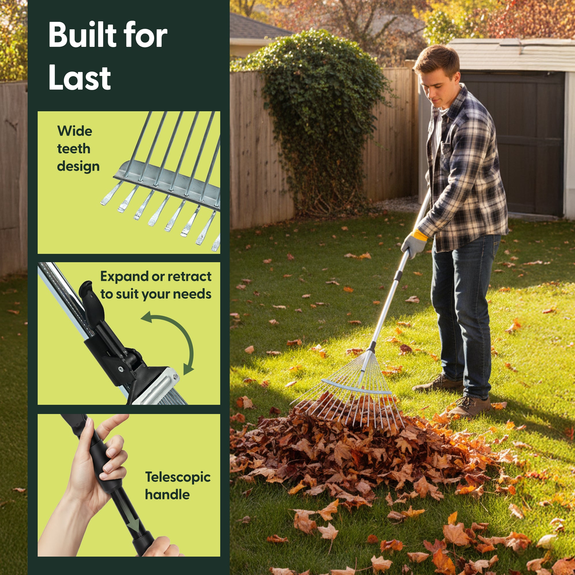 Keplin Garden Rake with Telescopic Handle – 80 to 160cm Adjustable Rake, 15 Tine Expanding Metal Rake for Leaves, Lawn, Yard & Soil Cleanup, Foldable Space-Saving Design, Versatile Garden Tool