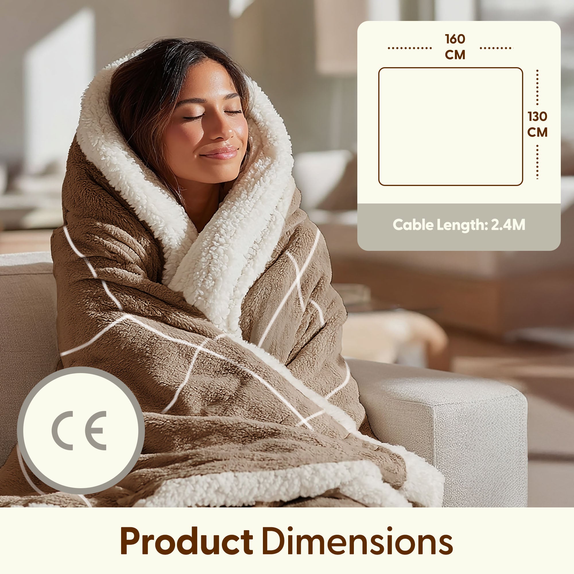 Electric Heated Throw Blanket - Machine Washable Fleece Wool Duvet, 9 Heat Settings & Timer