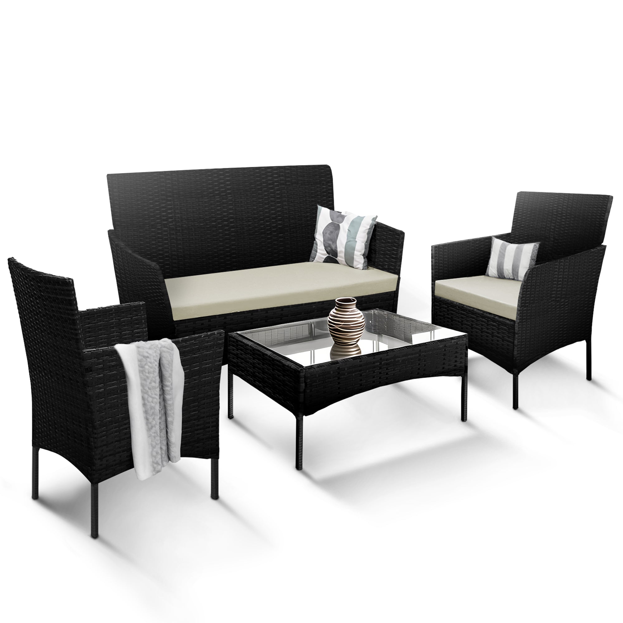 4 Piece Rattan Black
