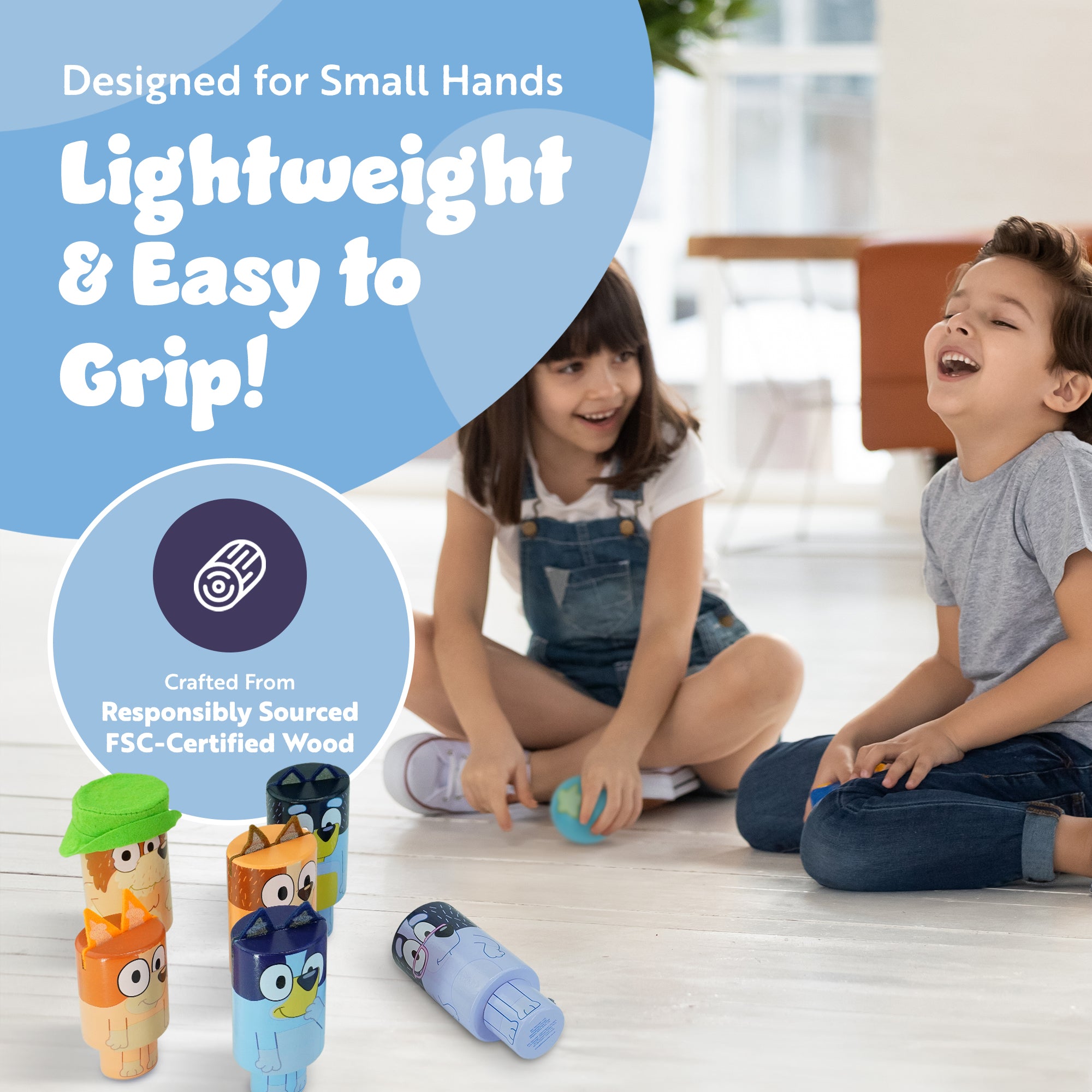 Bluey - Wooden Character Skittles Set - Indoor & Outdoor Bowling Game for Kids - 6 Character Pins & 1 Ball - Develops Motor Skills & Hand-Eye Coordination - FSC Certified, Ages 3+