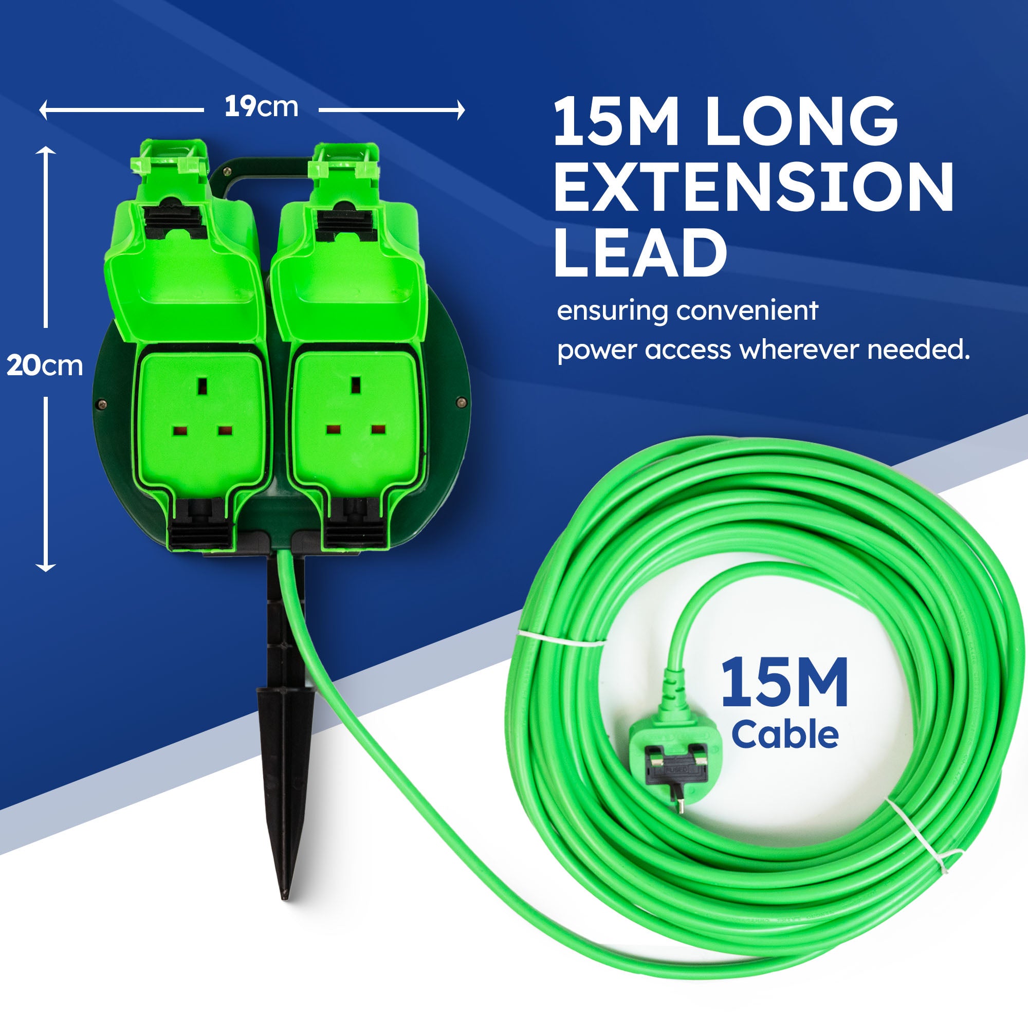 Desiretech - 10m / 15m Weatherproof Extension Cable - with Sockets - 13 Amp Outdoor Lead - Waterproof IP54 - Durable Green Cable for Garden, Outdoor Equipment & Power Tools - Flexible & Heavy Duty Design