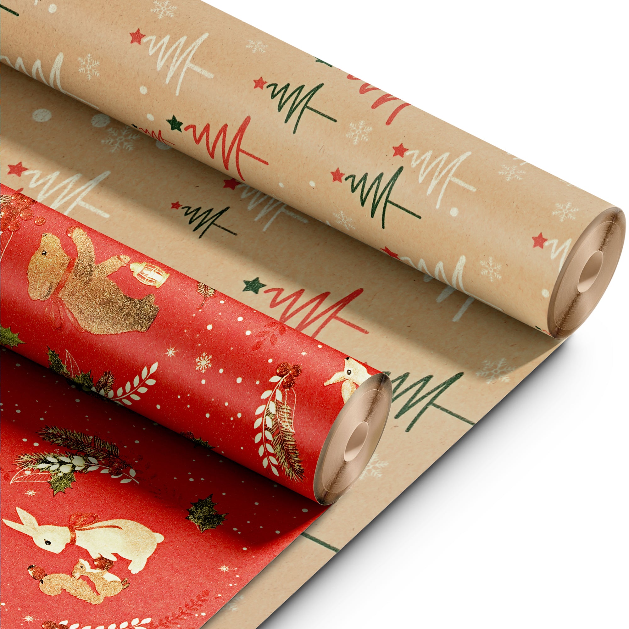 Kraft & Co 2 Pack Christmas Wrapping Paper Roll - Festive Designed Recyclable Kraft Paper, Perfect for Holiday Gifts, Arts & Crafts-Wrapping for a Merry Christmas (44.5cm x 25m)