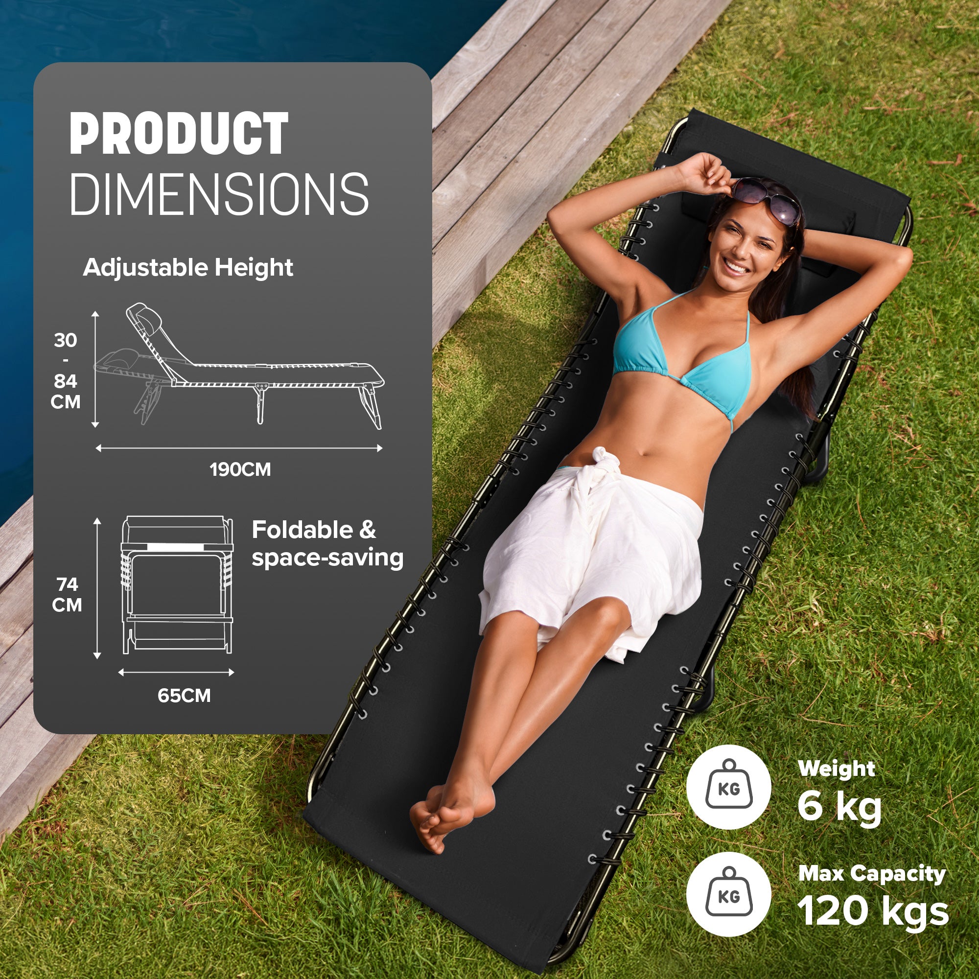 KEPLIN Foldable Recliner Sun Lounger - 600D Oxford Fabric - Adjustable Back and Leg Rests - Lightweight and Portable - Compact Space-Saving Design - Durable Outdoor Use - 190 x 65 x 30 cm