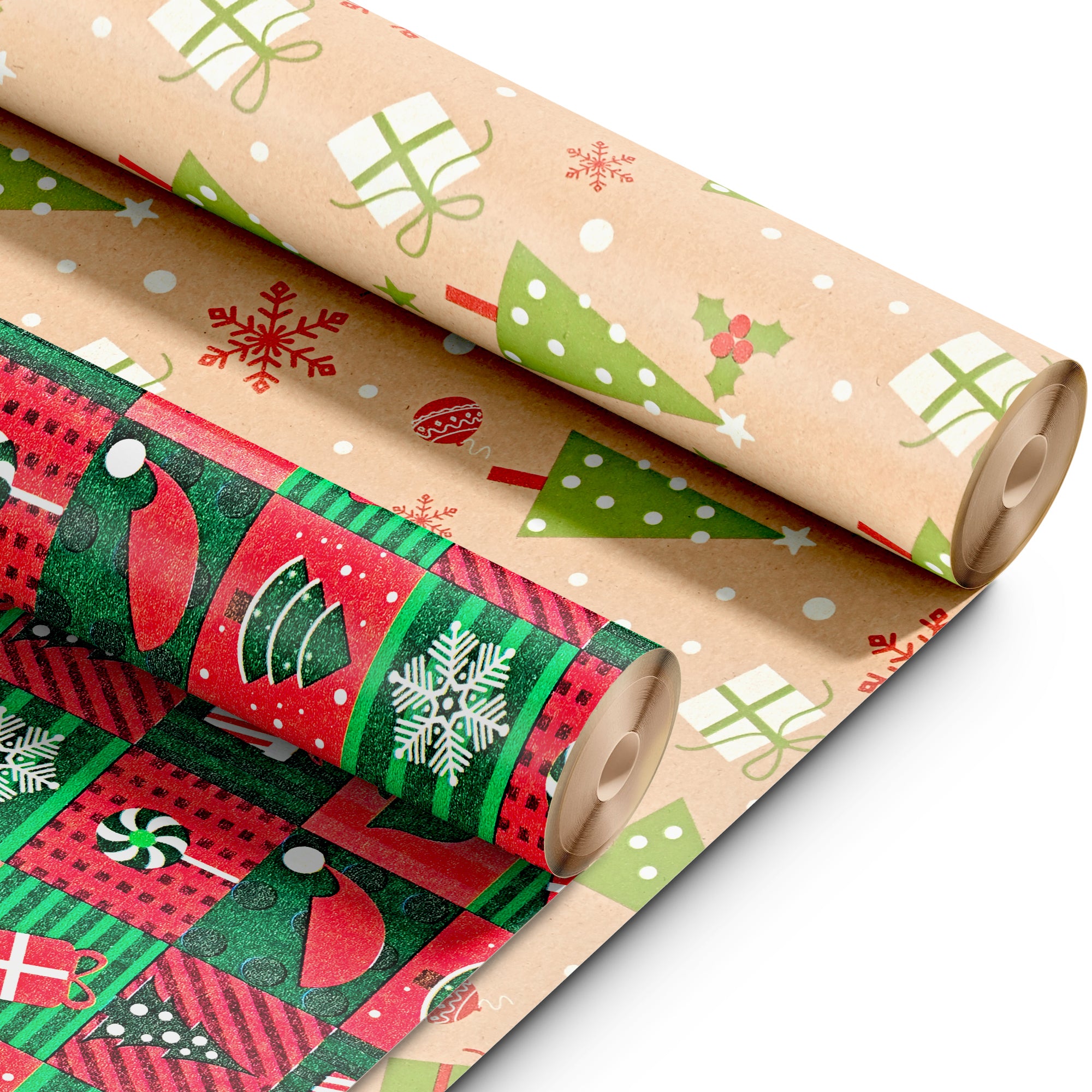 Kraft & Co 2 Pack Christmas Wrapping Paper Roll - Festive Designed Recyclable Kraft Paper, Perfect for Holiday Gifts, Arts & Crafts-Wrapping for a Merry Christmas (44.5cm x 25m)