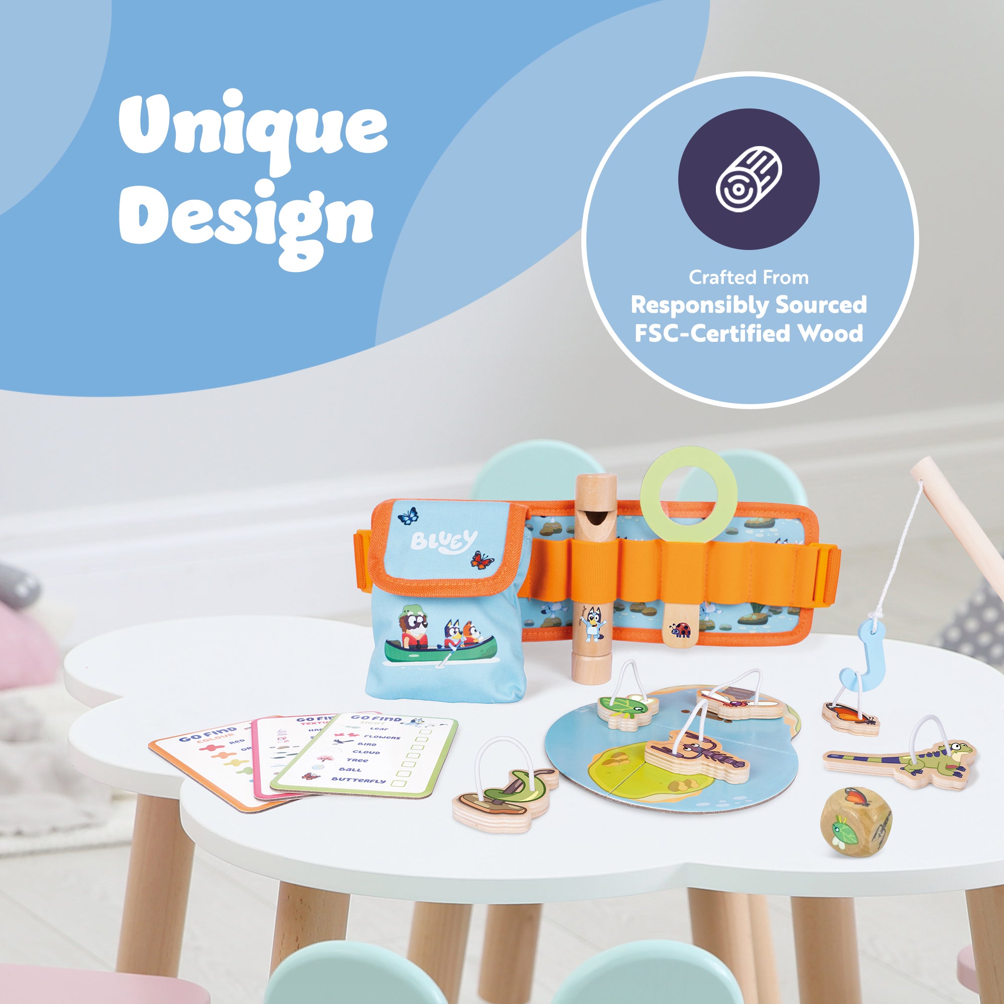 Bluey Adventure Belt – 17 Piece Explorer Set with Magnifying Glass, Compass, Whistle, Go Find Cards & Accessories – Outdoor & Indoor Pretend Play Toy for Kids – Nature Exploration Kit