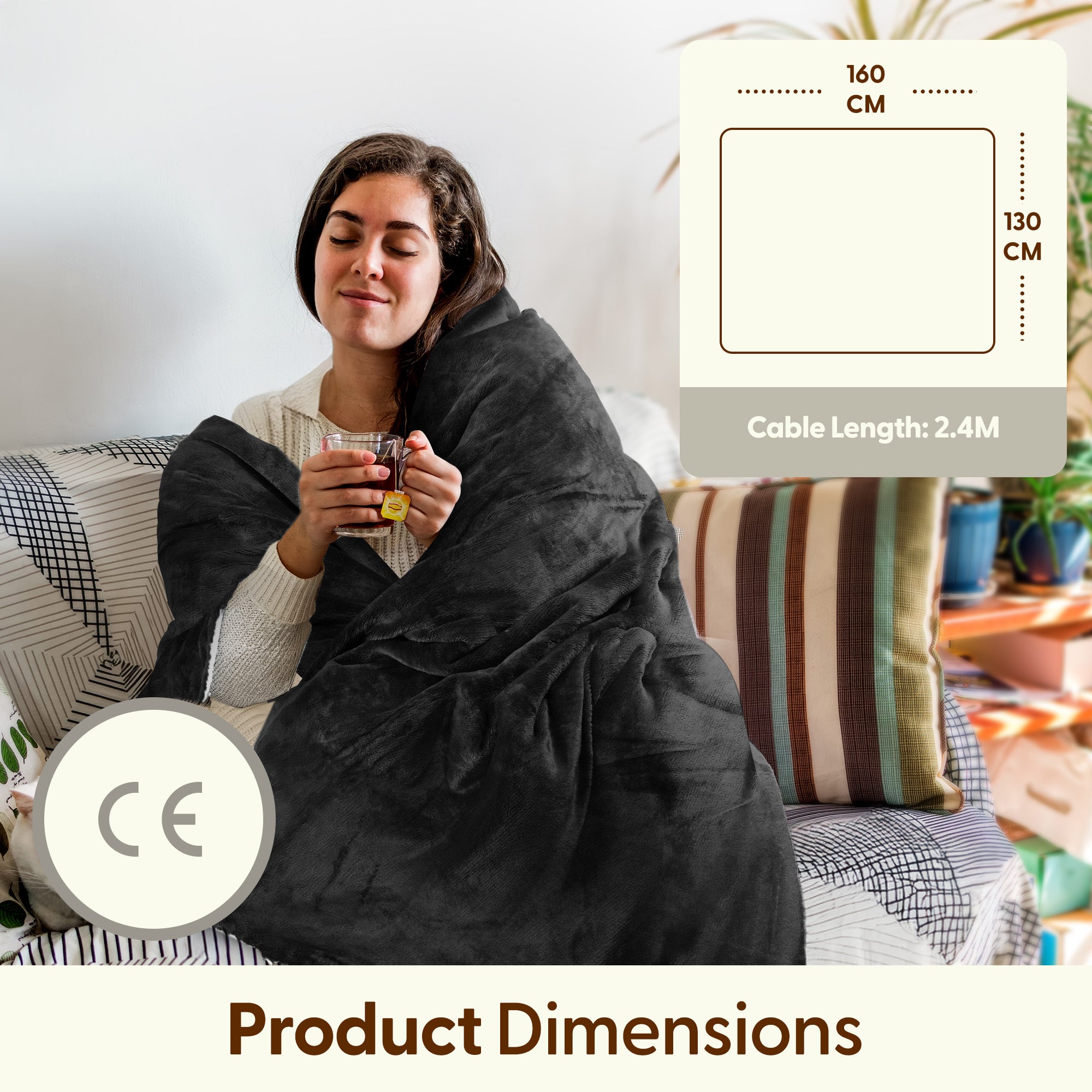Electric Heated Throw Blanket - Machine Washable Fleece Wool Duvet, 9 Heat Settings & Timer