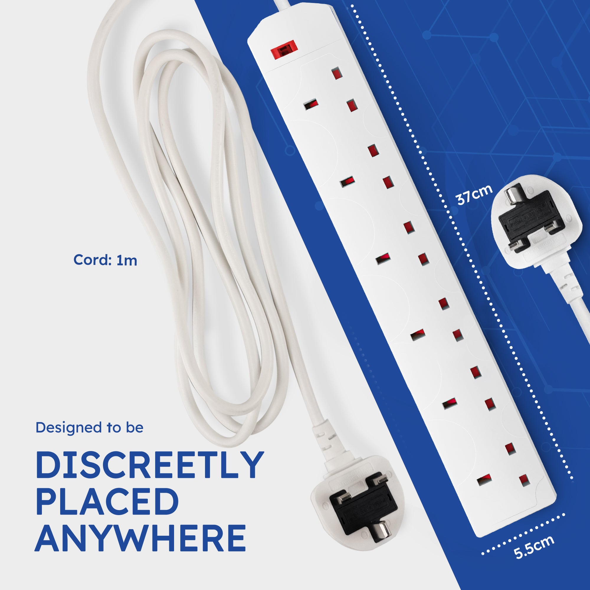 Desiretech - Ext lead 6 gang - 1m, 13A with Light Indicator UK Plug Extension Socket, Extension Cable Power Strip - White