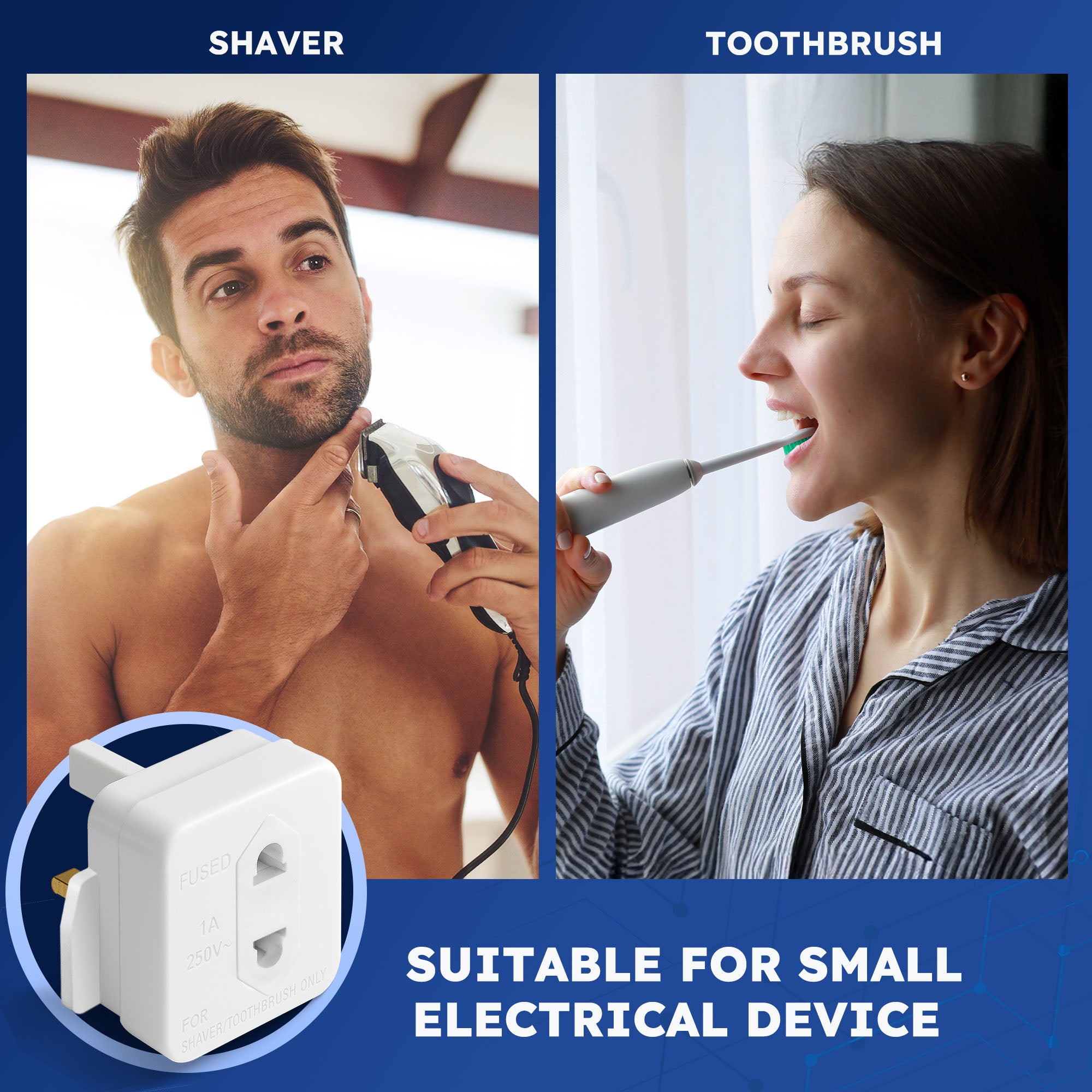Desiretech - UK Shaver Adaptor Plug - Fused 1A 250V 2-Pin to 3-Pin Converter - CE Certified Plug for Electric Shaver & Toothbrush - Compact, Heat-Resistant, Safe UK Bathroom Socket Adaptor - White
