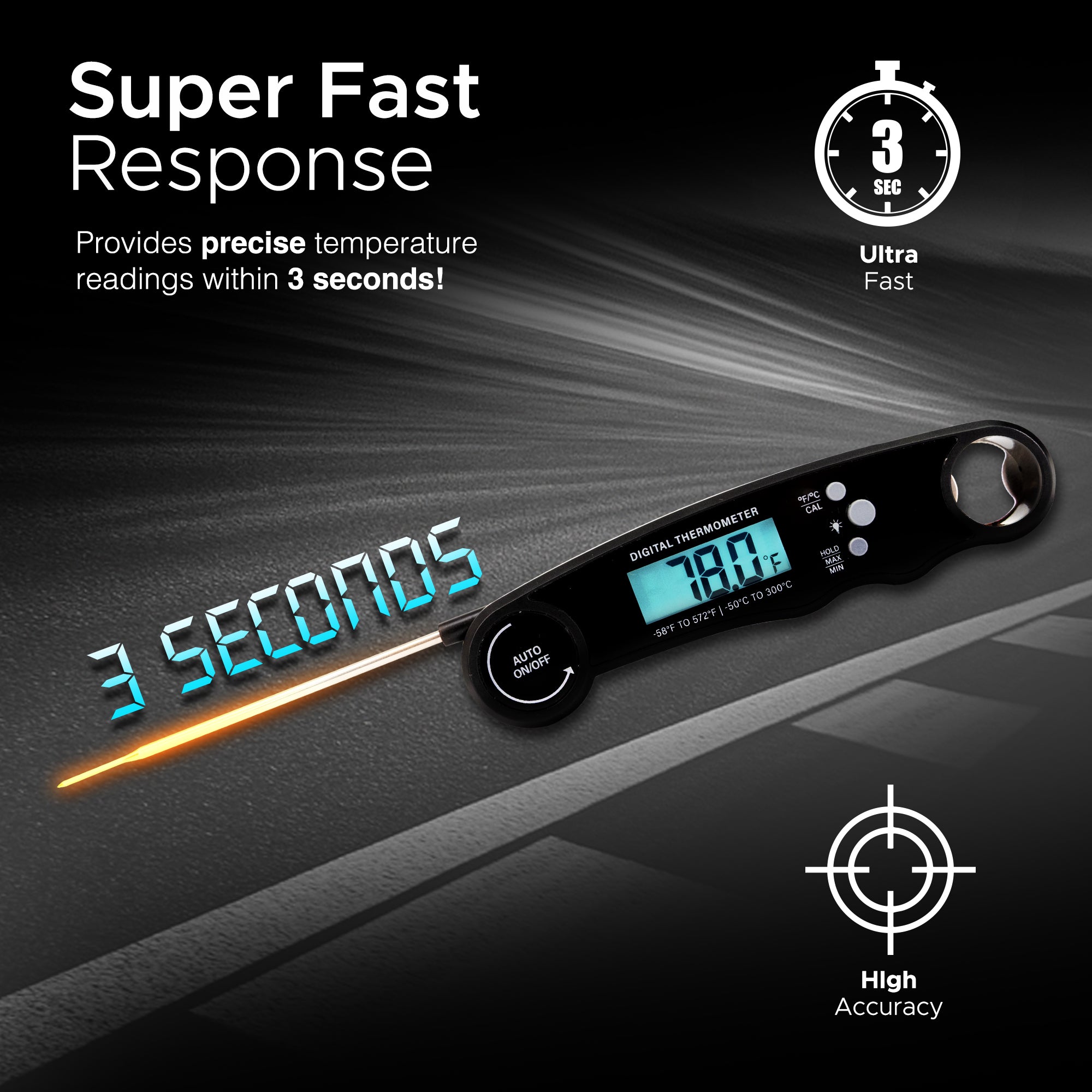 Keplin Meat Thermometer - Instant Read Food Thermometer with Backlight LCD, Foldable Design, Auto Turn Off, Magnet, Fast 3-Second Response, Temperature Range 0-150°C, Includes Bottle Opener