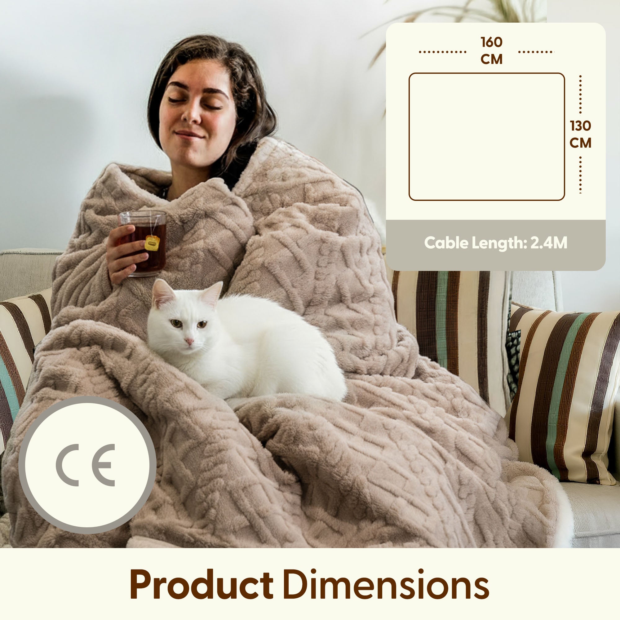 Electric Heated Throw Blanket - Machine Washable Fleece Wool Duvet, 9 Heat Settings & Timer