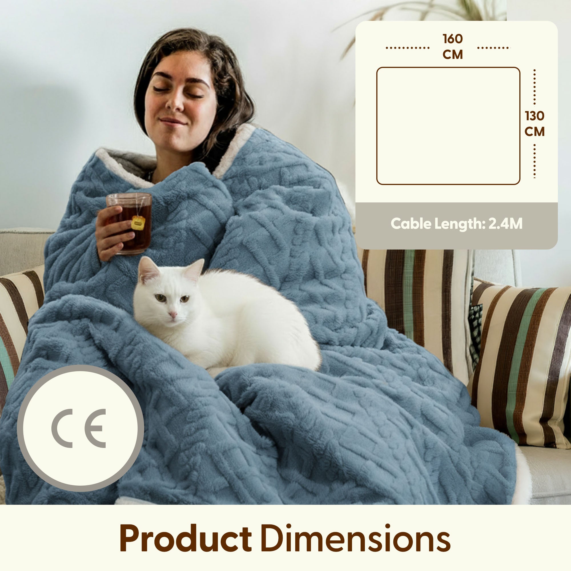 Electric Heated Throw Blanket - Machine Washable Fleece Wool Duvet, 9 Heat Settings & Timer