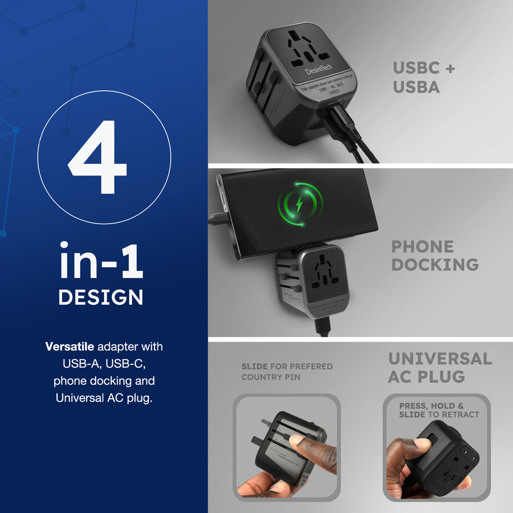 Desiretech Travel Adaptor 4-in-1 Universal Plug Adapter with USB-A, USB-C, Phone Docking - Compact UK to World Adaptor, Double Fuse Protection - Perfect for Europe, USA, Asia & Beyond