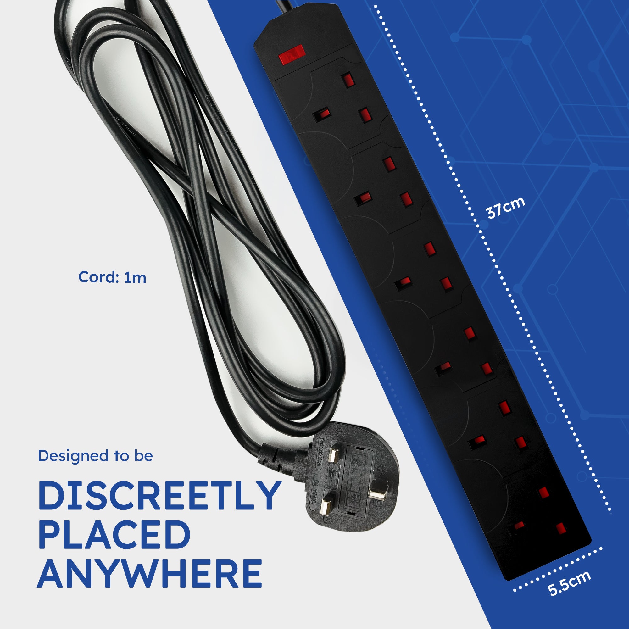 Desiretech Electric Extension Lead - 4 Gang, UK Plug & 3 Pin Socket - Wall Mountable & Multi Socket Mains Strip for Home, Bedroom, Kitchen, & Office (1 Pack)