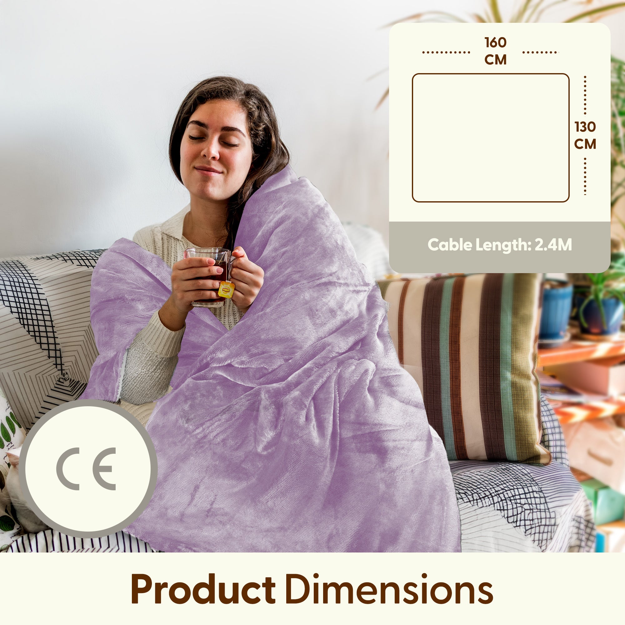 Electric Heated Throw Blanket - Machine Washable Fleece Wool Duvet, 9 Heat Settings & Timer