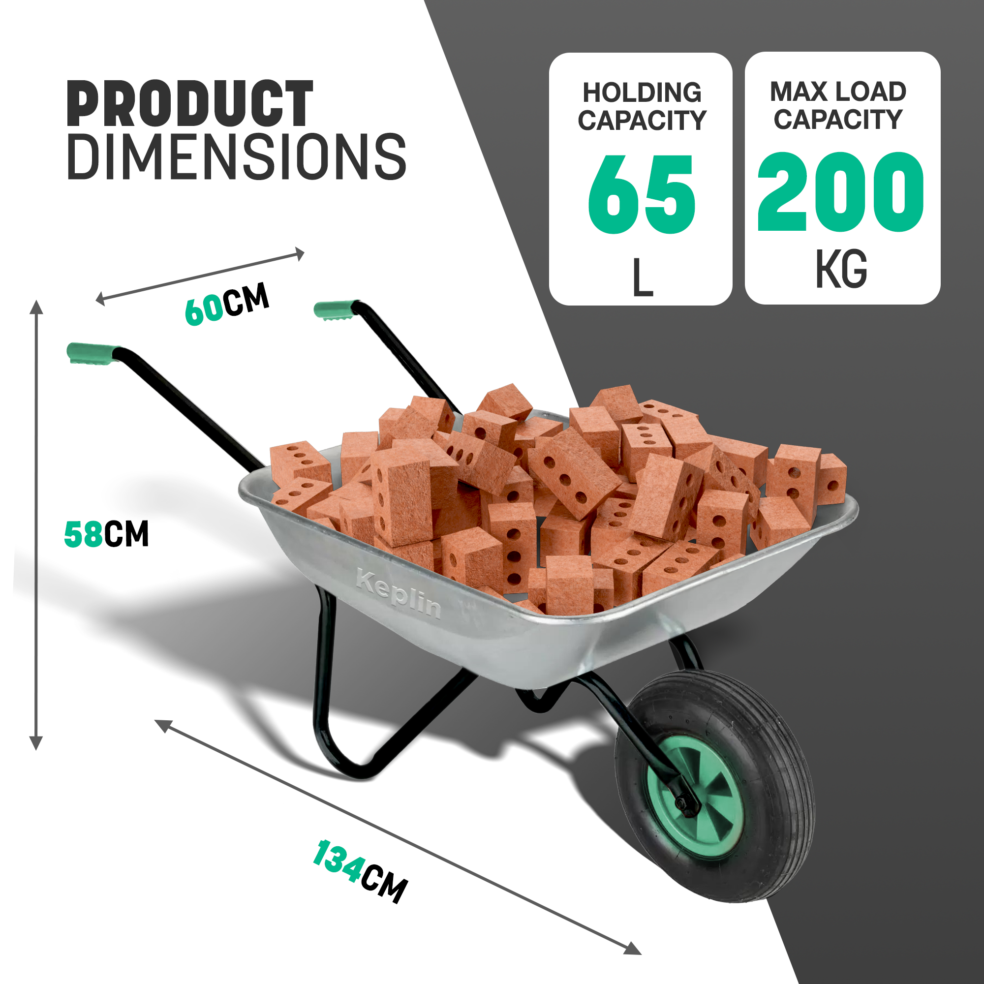 Keplin Heavy Duty Wheelbarrow - 200kg Load, Galvanized Steel Garden Large Wheel Barrow, 1 Pneumatic Tyre, Durable & Easy to Use for Gardening, Landscaping, DIY, Outdoor Tasks & Rough Terrain