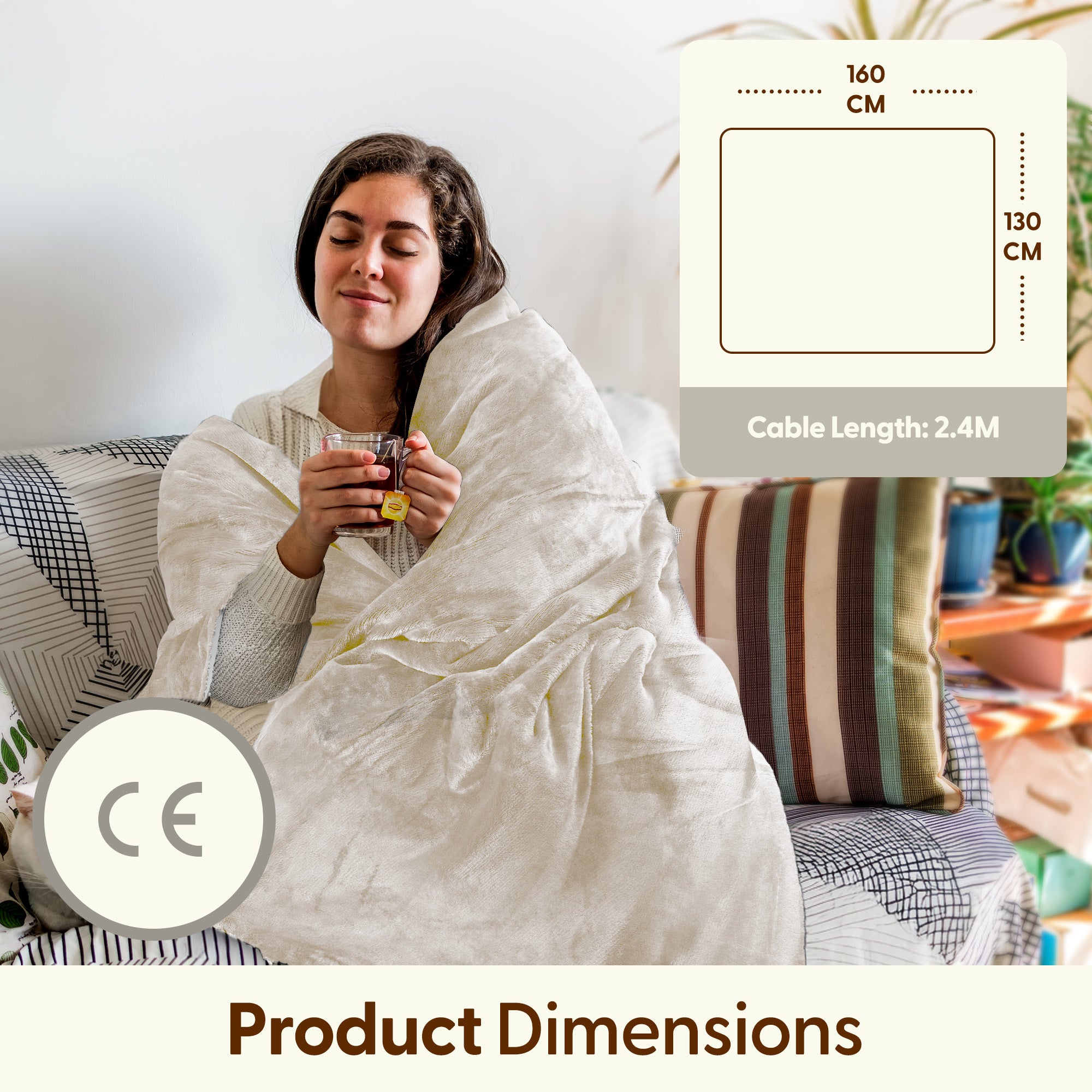 Electric Heated Throw Blanket - Machine Washable Fleece Wool Duvet, 9 Heat Settings & Timer