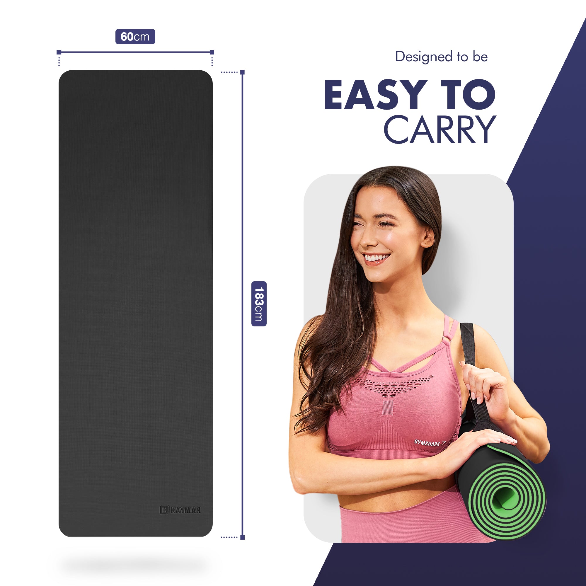 KAYMAN Yoga & Exercise Mat with Carry Strap, Large Non-Slip Comfortable Training & Workout Floor Mat for Home or Outdoor, Gym, Pilates, Gymnastics, HiiT, Stretching & Meditation