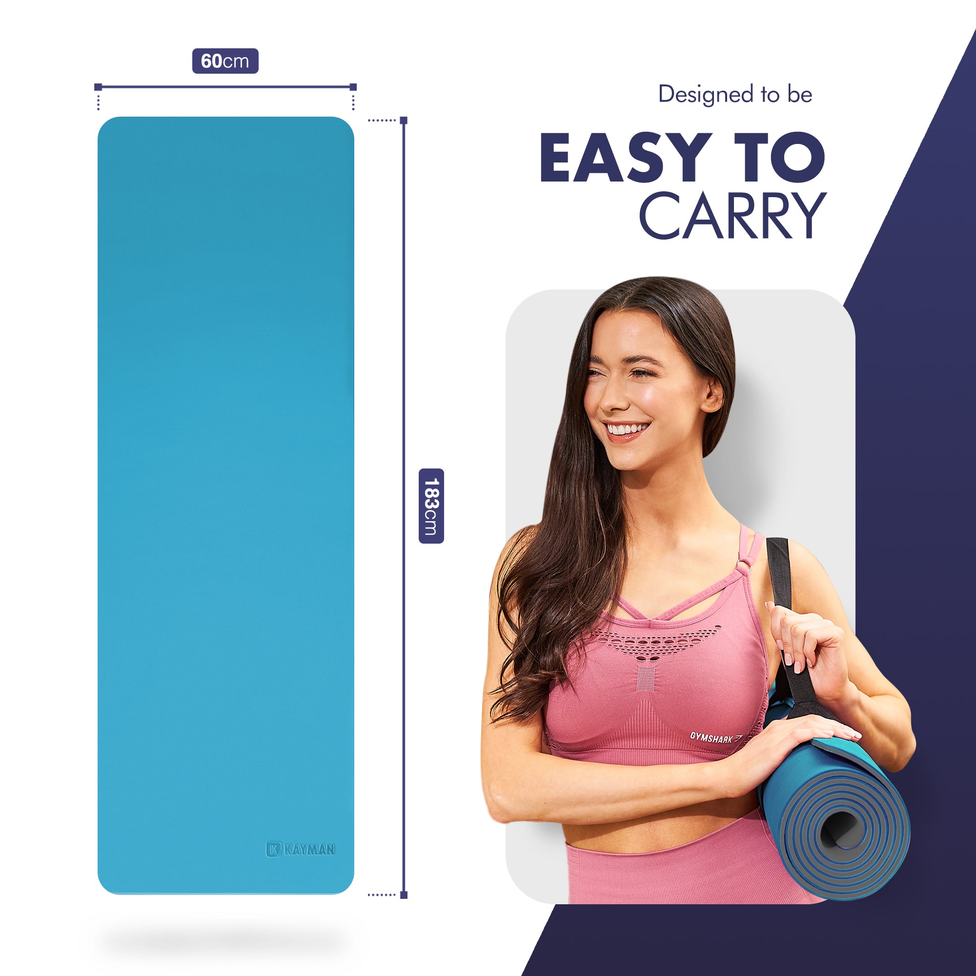 KAYMAN Yoga & Exercise Mat with Carry Strap, Large Non-Slip Comfortable Training & Workout Floor Mat for Home or Outdoor, Gym, Pilates, Gymnastics, HiiT, Stretching & Meditation