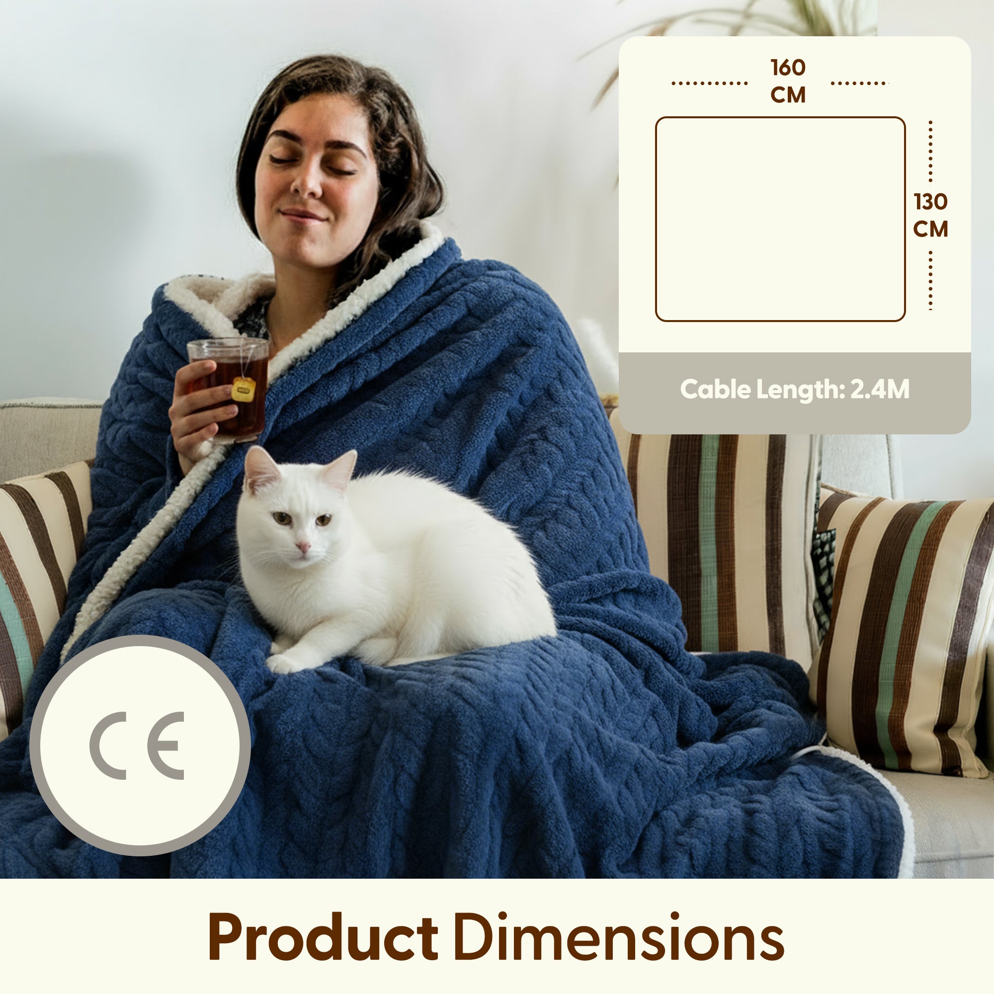 Electric Heated Throw Blanket - Machine Washable Fleece Wool Duvet, 9 Heat Settings & Timer