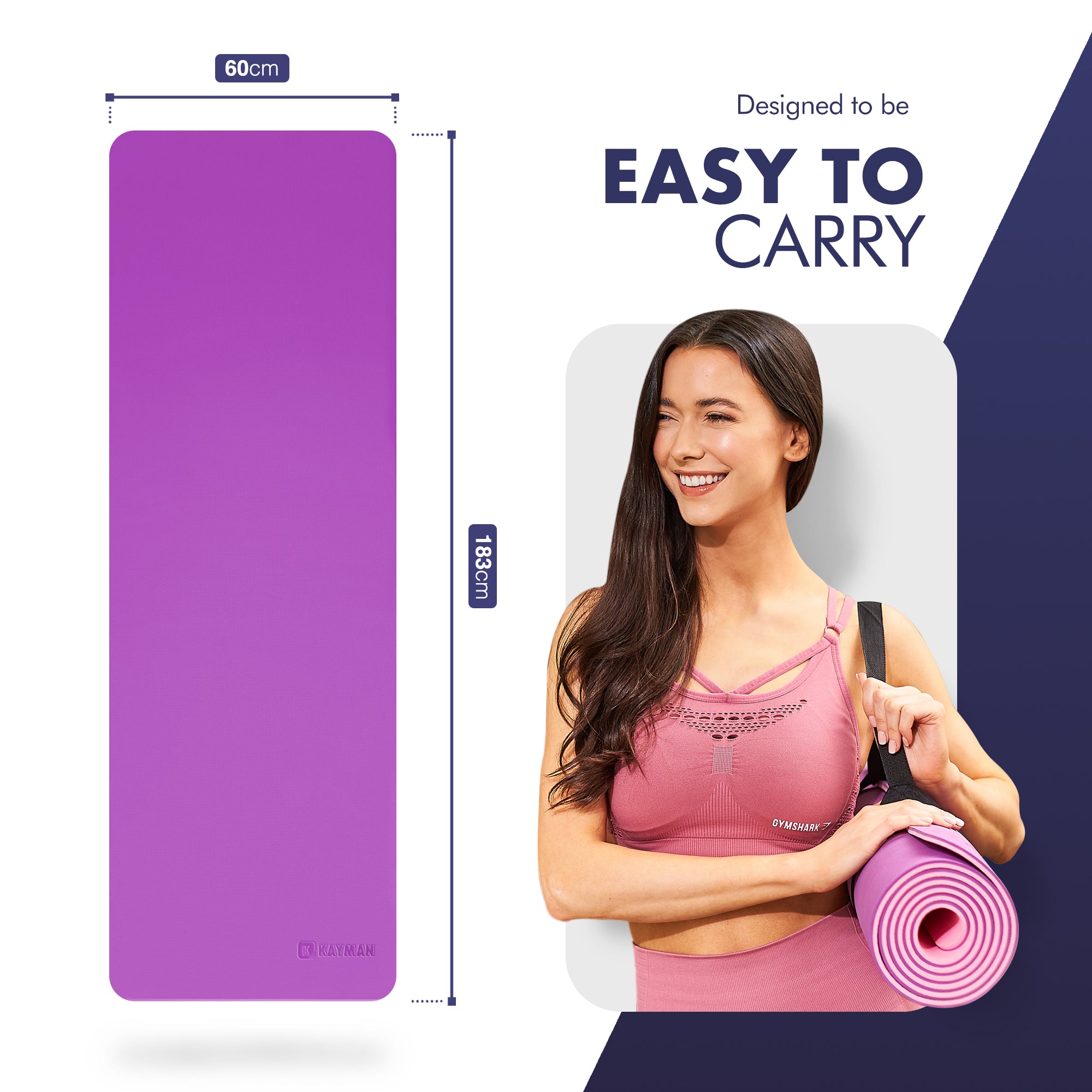 KAYMAN Yoga & Exercise Mat with Carry Strap, Large Non-Slip Comfortable Training & Workout Floor Mat for Home or Outdoor, Gym, Pilates, Gymnastics, HiiT, Stretching & Meditation