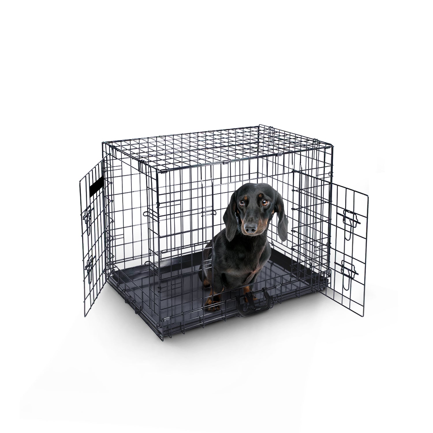 FurDreams Heavy Duty Dog Crate – Black Metal Folding Cage with Dual Doors, Chew-Resistant Plastic Tray, and Carry Handle – Perfect for Puppy Training