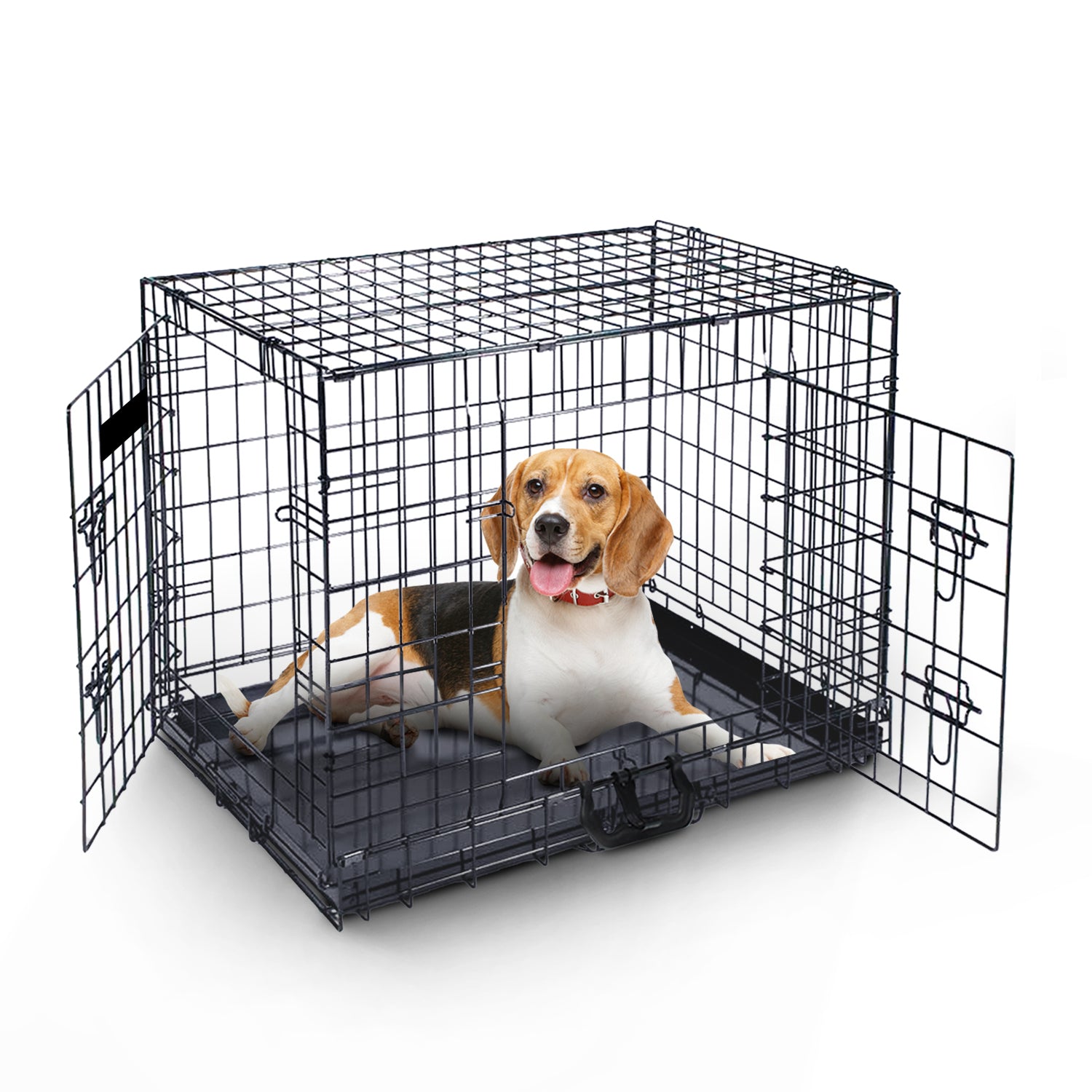 FurDreams Heavy Duty Dog Crate – Black Metal Folding Cage with Dual Doors, Chew-Resistant Plastic Tray, and Carry Handle – Perfect for Puppy Training