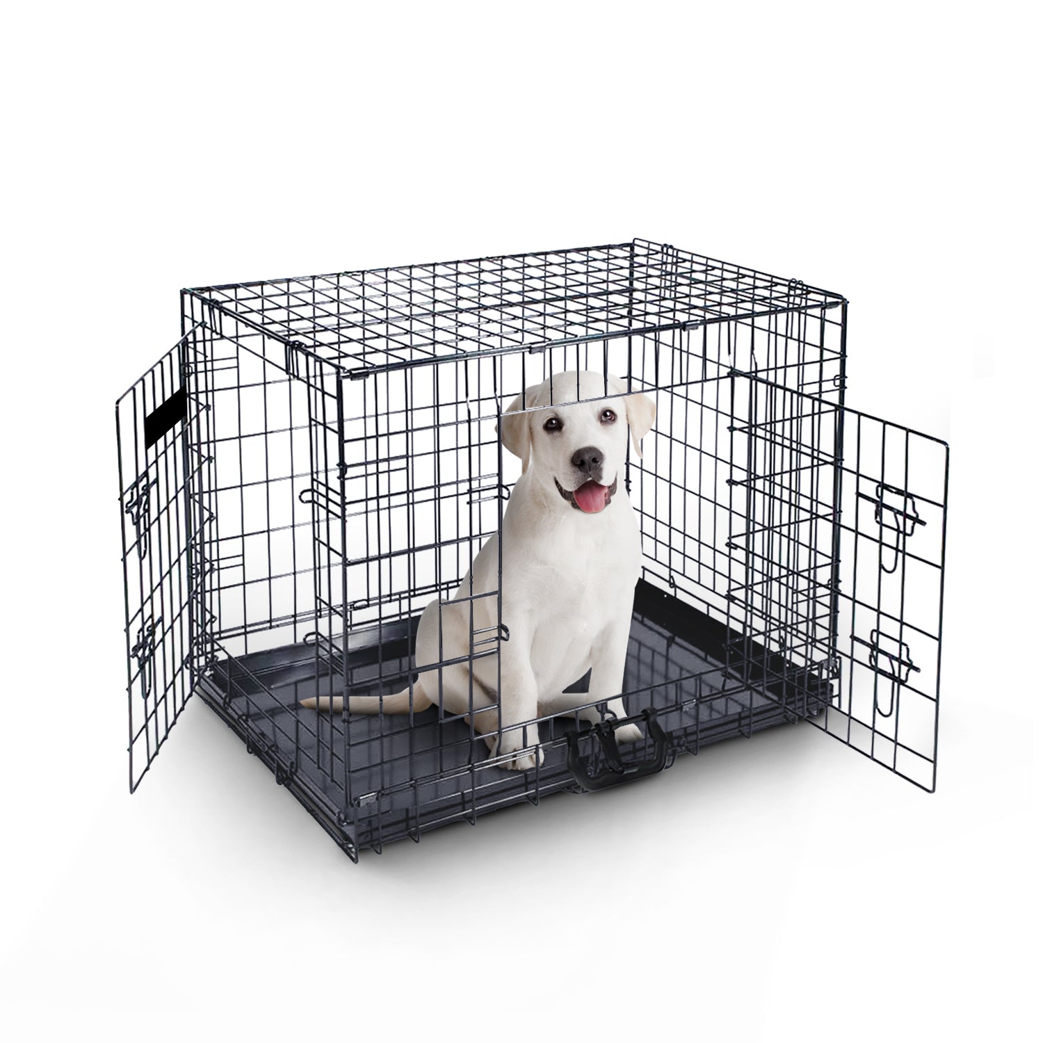 FurDreams Heavy Duty Dog Crate – Black Metal Folding Cage with Dual Doors, Chew-Resistant Plastic Tray, and Carry Handle – Perfect for Puppy Training