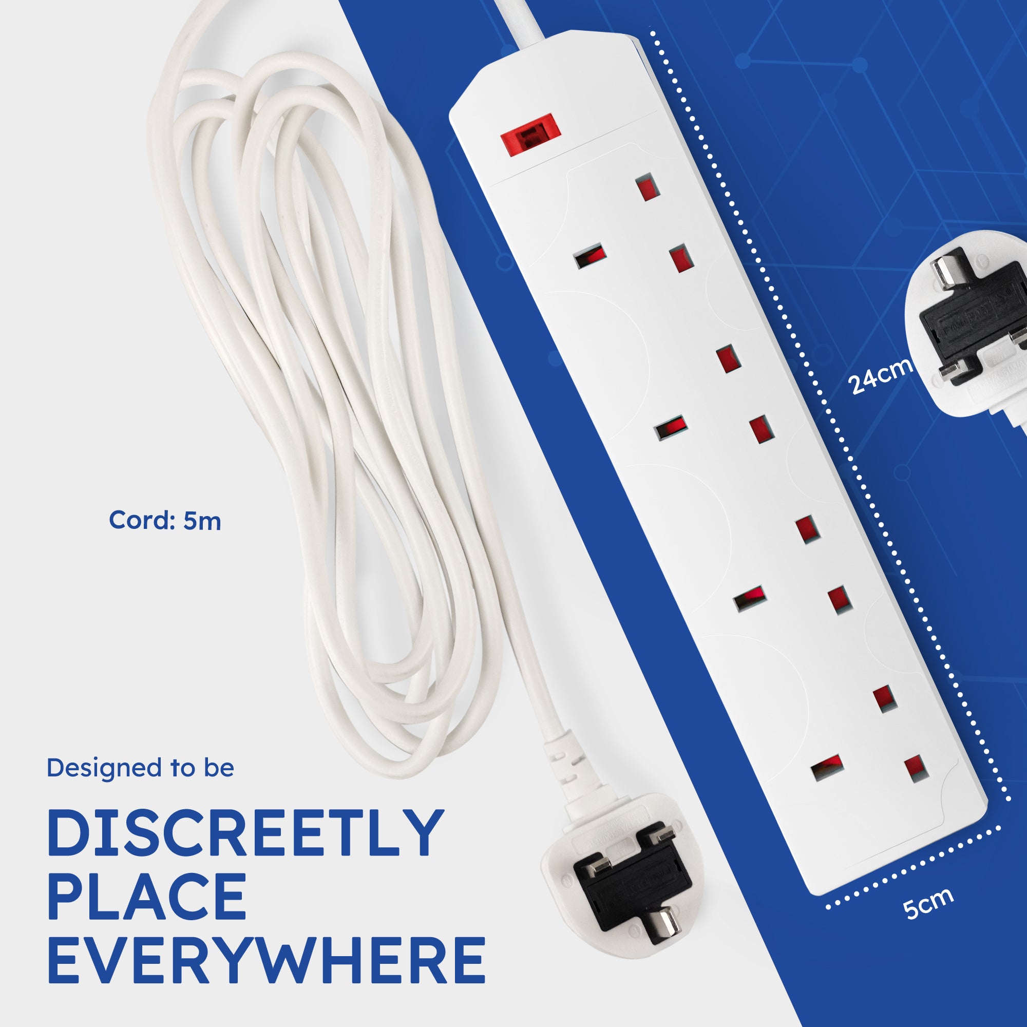 Desiretech Electric Extension Lead - 4 Gang, UK Plug & 3 Pin Socket - Wall Mountable & Multi Socket Mains Strip for Home, Bedroom, Kitchen, & Office (1 Pack)